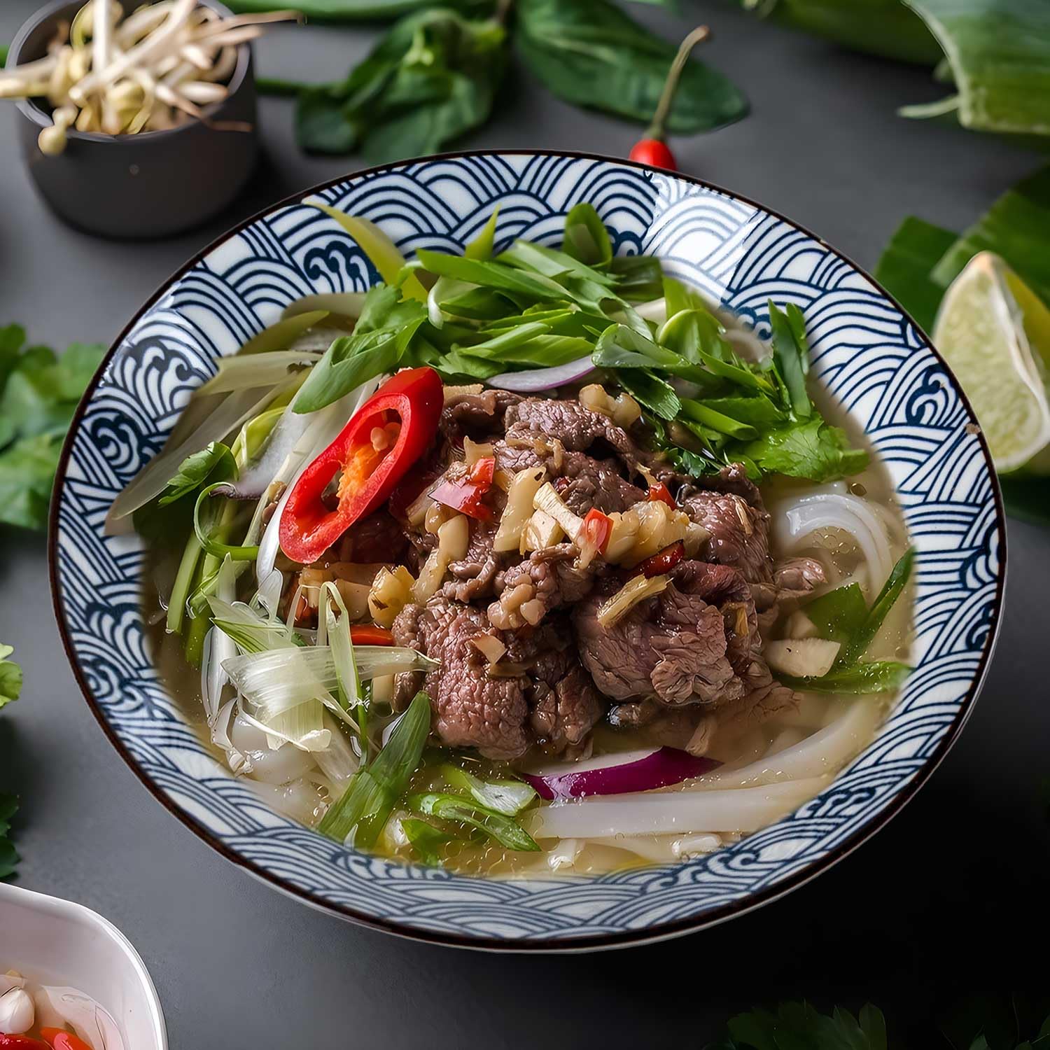 QINLANG Juego de 6 cuencos japoneses para ramen de 38 onzas, cuencos Pho Bowls, cuencos de sopa de cerámica azul y blanca de 8 pulgadas, patrón de ondas
