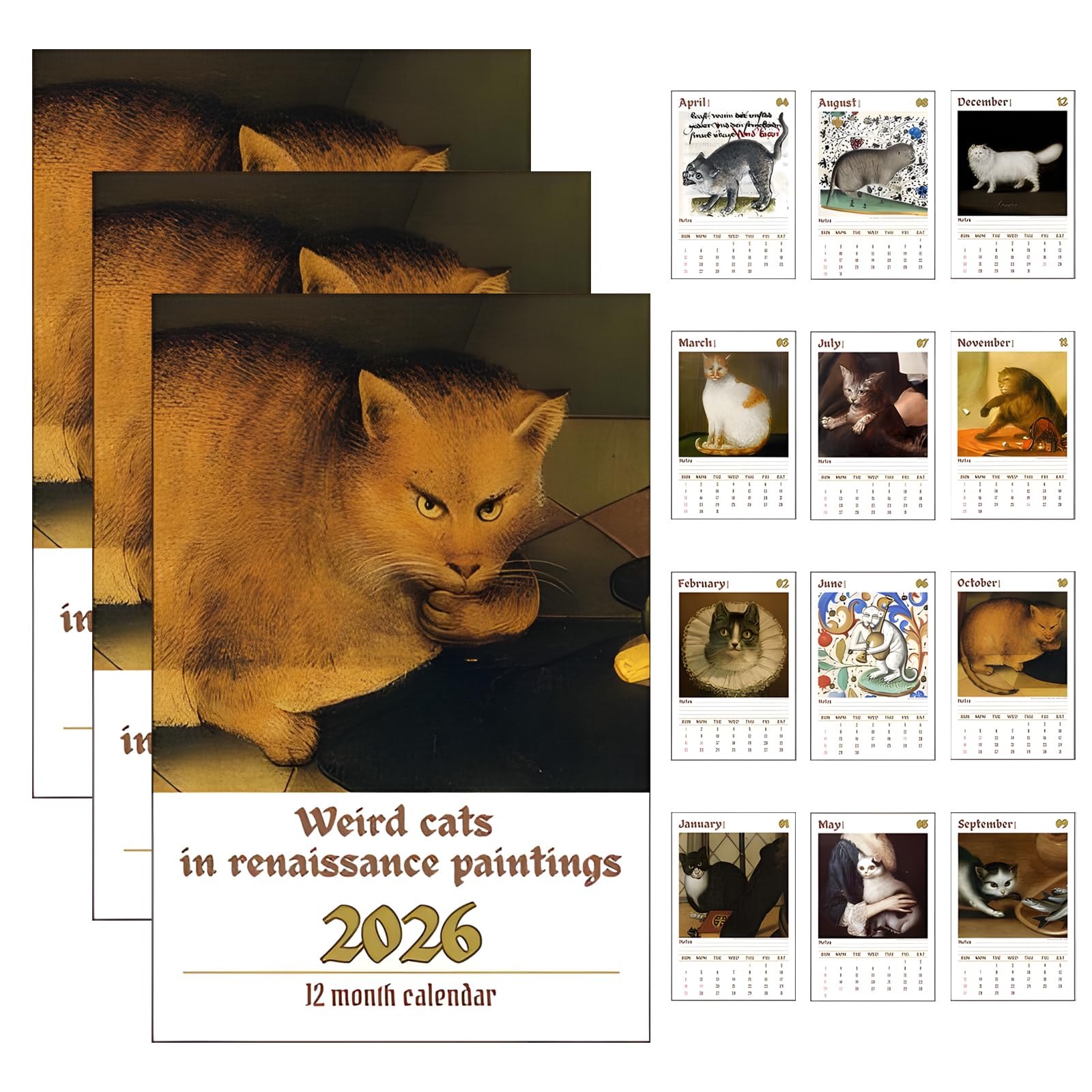 Kalendarz ścienny "Weird Cats in Renesance" na rok 2026, 12 dziwnych kotów w renesansowych obrazach, średniowieczny kalendarz adwentowy z kotem, zabawny dziwny kalendarz 2026 do domowego biura (3 szt