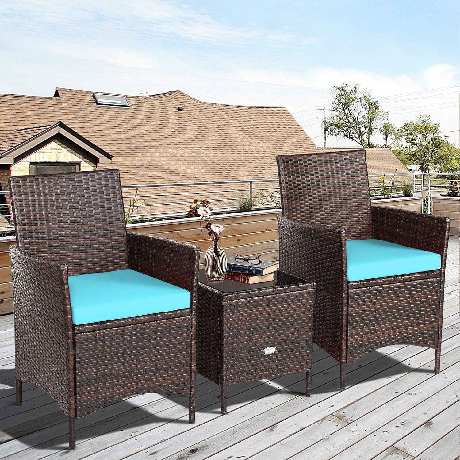 Tangkula 3-Piece Patio Conversation Set, Wicker Chairs with Glass Top Square Coffee Table & Cushions, All-Weather Outdoor Rattan Furniture Set for Garden Backyard Balcony Poolside (Turquoise)