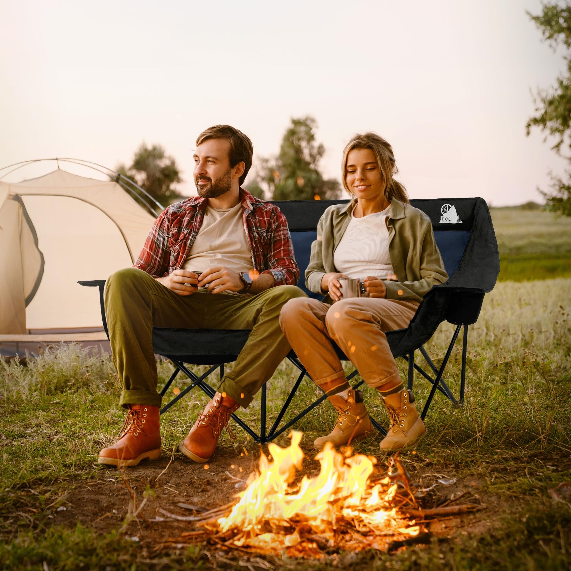 ECD Germany Campingstuhl faltbar für 2 Personen, Campingsofa klappbar 2-Sitzer, Doppel Klappstuhl mit Stahlgestell, Faltsofa gepolstert, Campingcouch stabil für Outdoor Camping und Angeln, Blau/Khaki