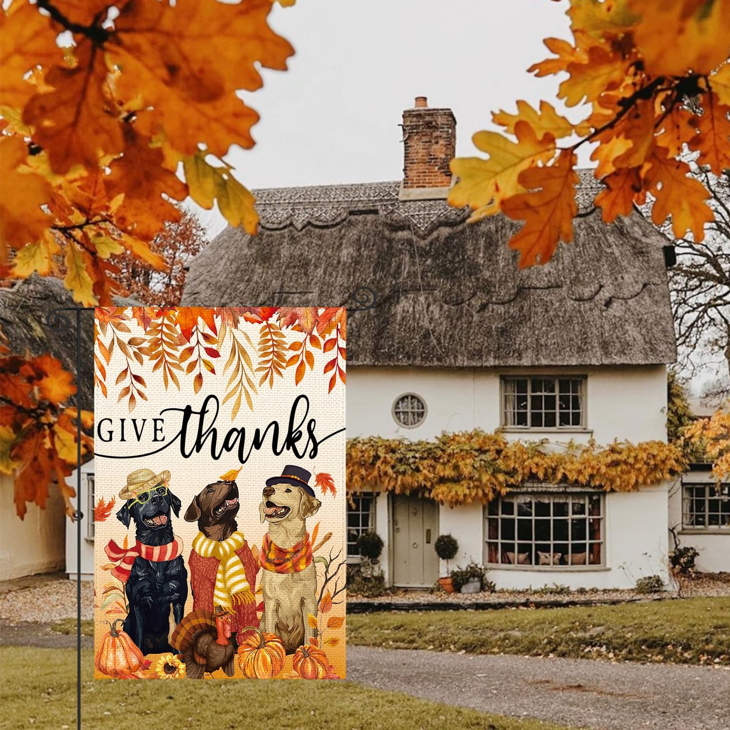 AVOIN colorlife Give Thanks Fall Thanksgiving Garden Flag 12x18 Inch Dog Pumpkin Turkey Double Sided, Harvest Holiday Yard Outdoor Decorative Flag - Image 3