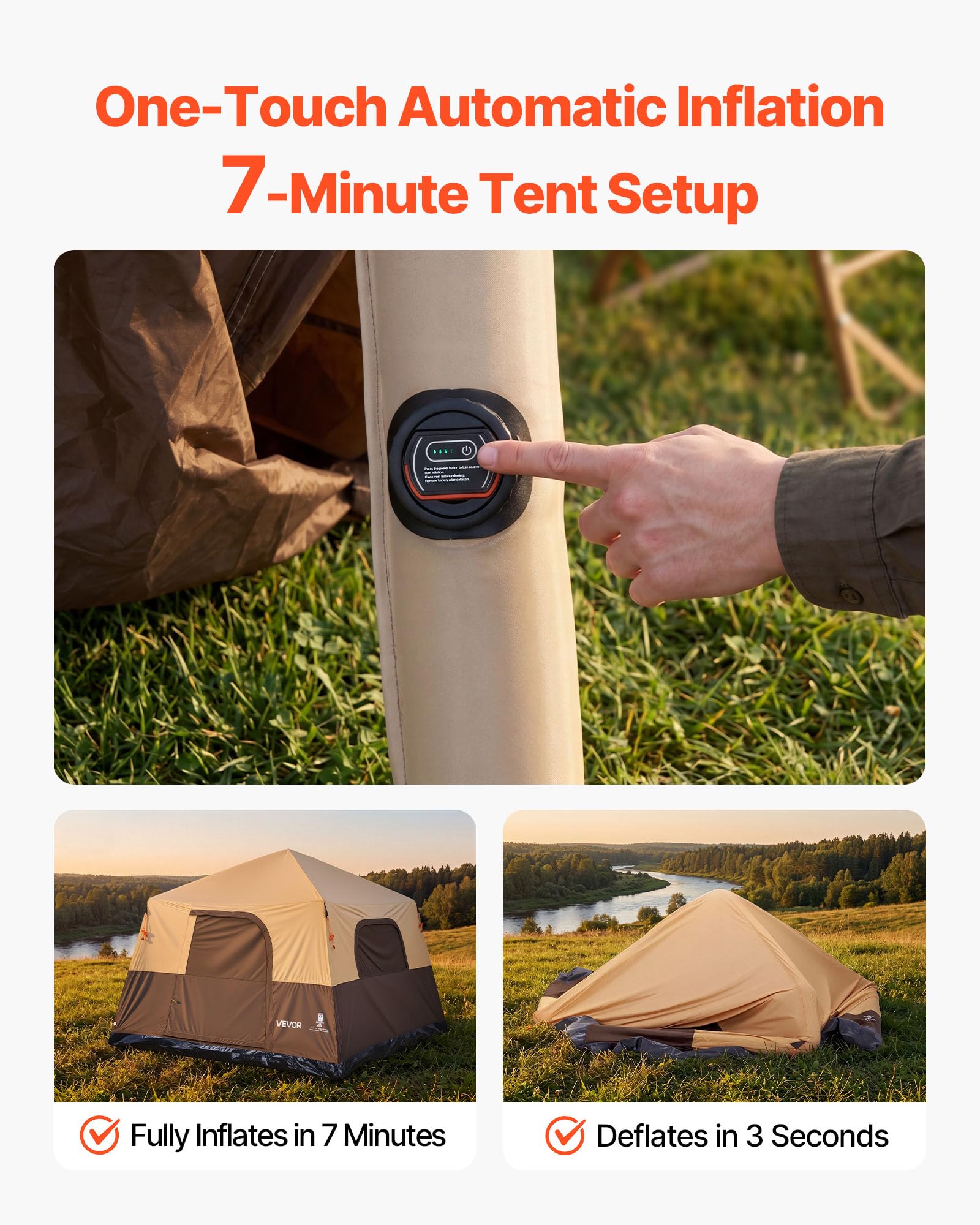 VEVOR Campingzelt 6 Personen, Aufblasbares Familienzelt mit Wiederaufladbarer Pumpe, TPU-Luftschlauch & 4 Netzfenstern, Kabinenzelt mit Tragetasche für Familien-Camping & Wandern, Beige