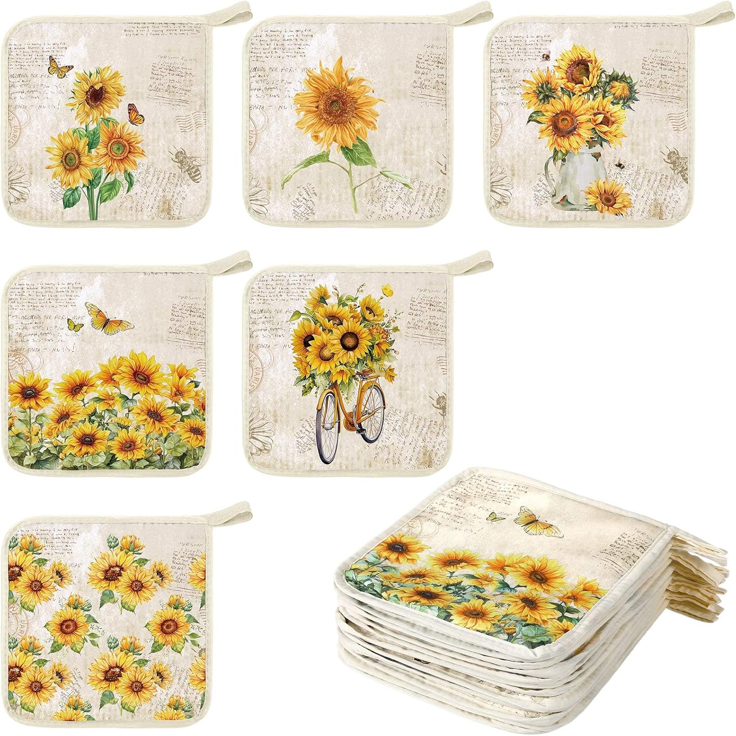 Bencailor 12 Pcs Pot Holders with Pocket Kitchen Hot Potholders Hot Pad Oven Mitts Cookie Bag Oven Gloves for Kitchen Gift Baking Cooking(Yellow,Sunflower)