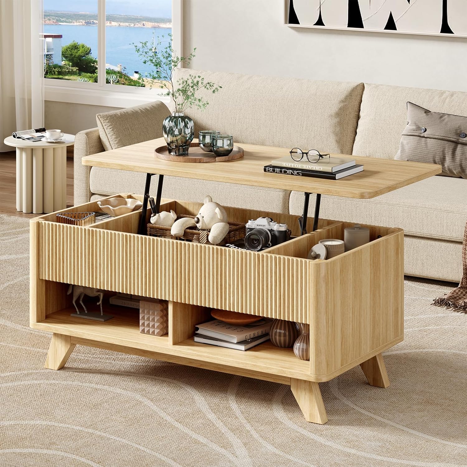 ONBRILL Farmhouse Lift Top Coffee Table, Mid Century Modern Coffee Table with Hidden Storage Compartment, Fluted Rising Pull up Wood Modern Center for Living Room, Office, Natural