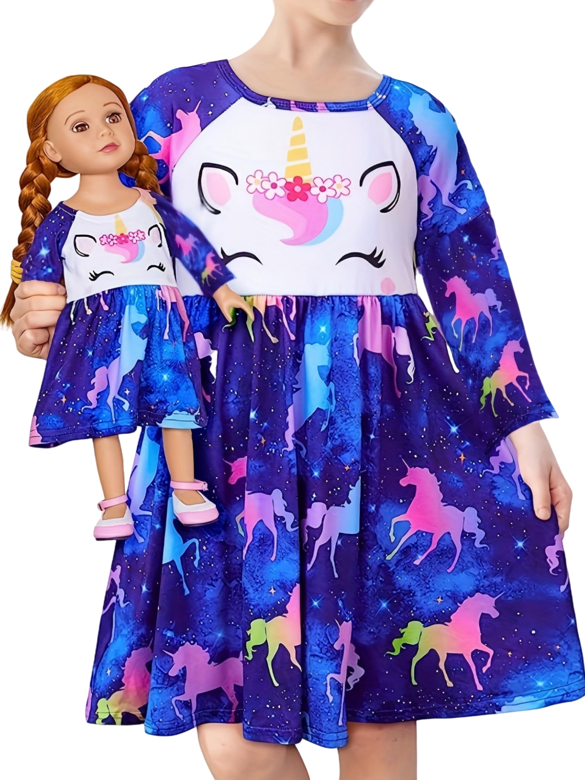 Bow Dream 2 Pack Girls Cute Cartoon Dresses for Girls Party Birthday Long Sleeve Kids Clothes Girl Blue Size 140