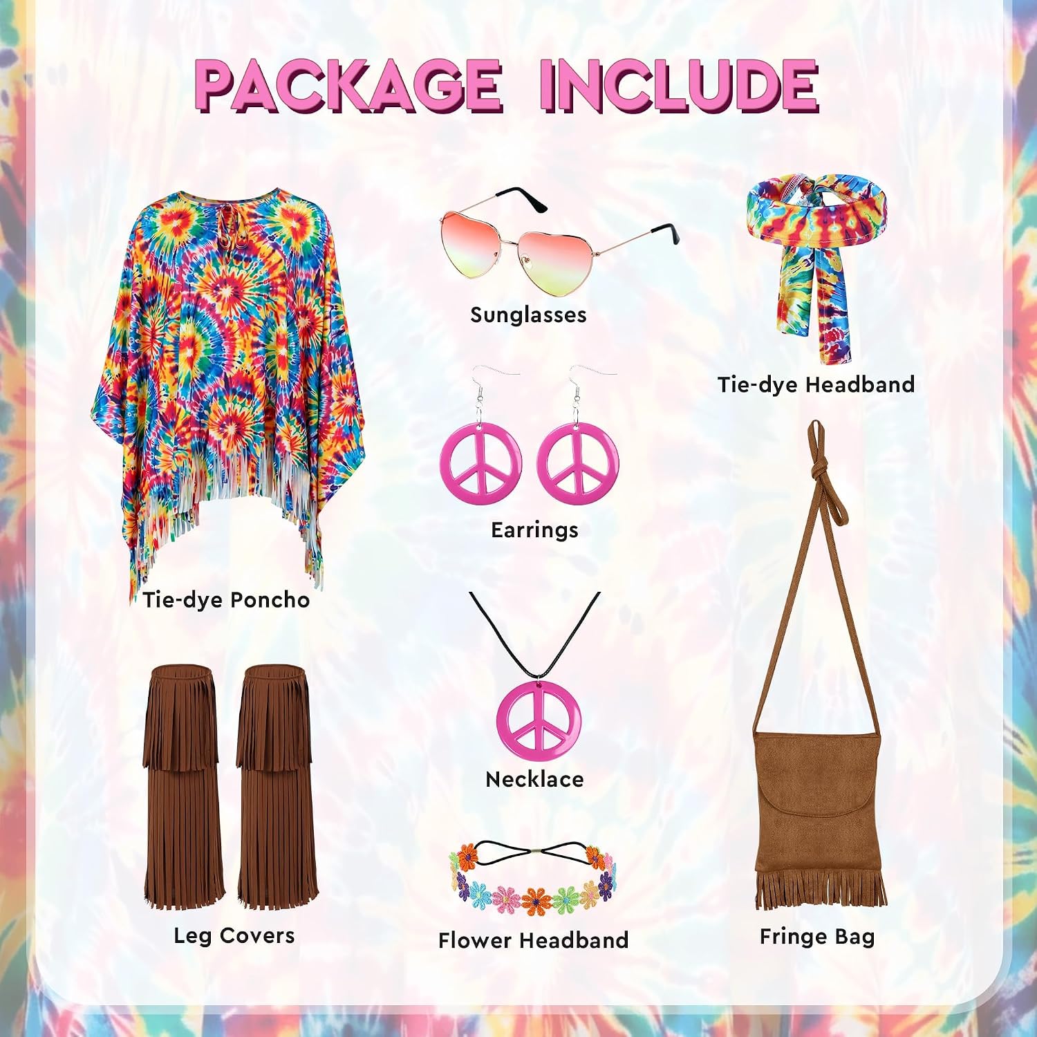 SOMSOC Women's 70s Hippie Costume Accessories Set Tie Dye Poncho Fringe Bag Flower Headband Sunglasses Retro Cosplay Outfit