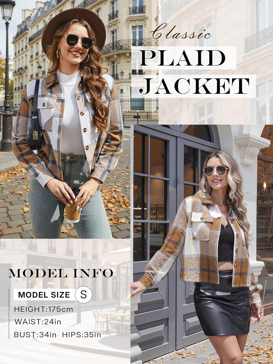 Women's Cropped Plaid Shacket Jacket Long Sleeve Button Down Shirt Coat Tops with Pockets - Image 5