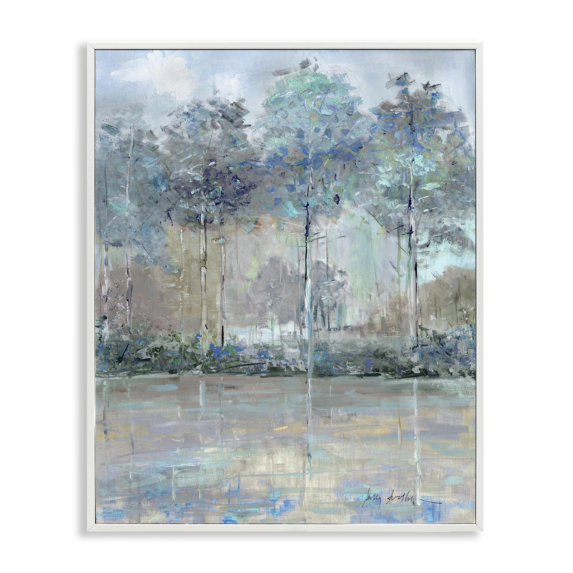 Stupell Industries Coastal White (Textured) Subdued Trees Landscape Reflection, 16 X 20 Inch Framed Giclée Print