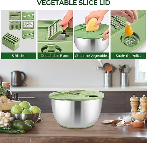 Miniatura 5 de SUSTEAS Centrifugador de Ensalada de Acero Inoxidable Grande, Tazón de Lavado de Verduras, Secador de Frutas y Hierbas con Cortador de 5 Cuchillas y
