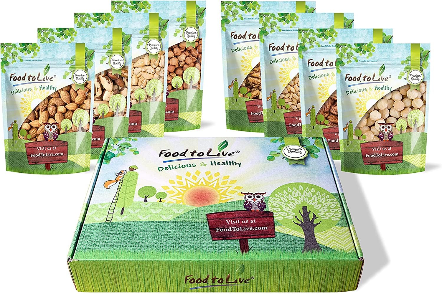 Food to Live 8 Gourmet Variety Healthy Snack Bags of Raw Nuts in 1 Gift Box (Brazil Nuts, Almonds, Macadamia Nuts, Cashew, Walnuts, Hazelnuts, Pecans, Pine Nuts)