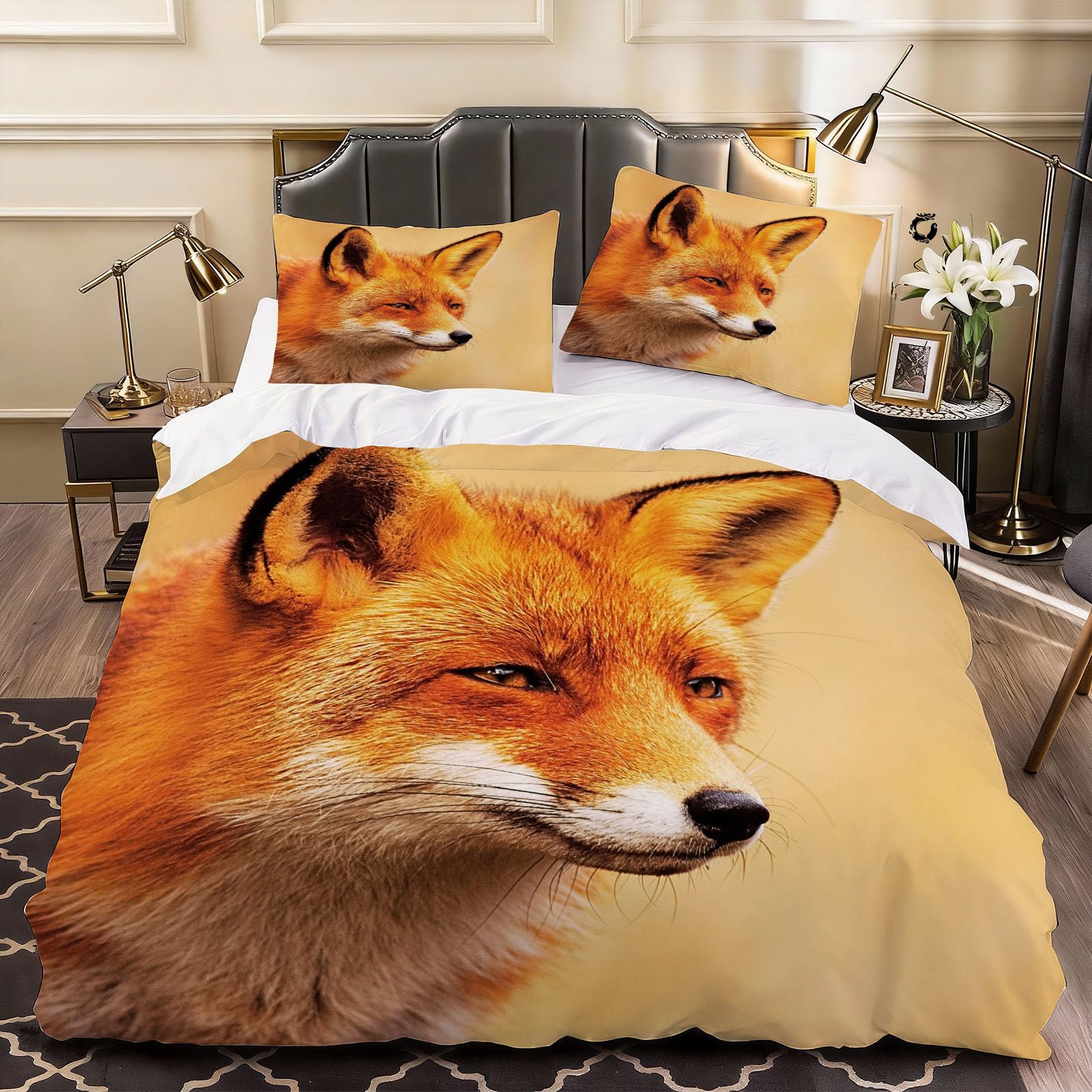 3D Cute Fox Print Duvet Cover Childrens and Adults Bedding Super King Bed Set, Soft Microfiber Comforter Cover Printed with Zipper Closure Quilt Coverr 260x220 cm and 2 Pillowcases