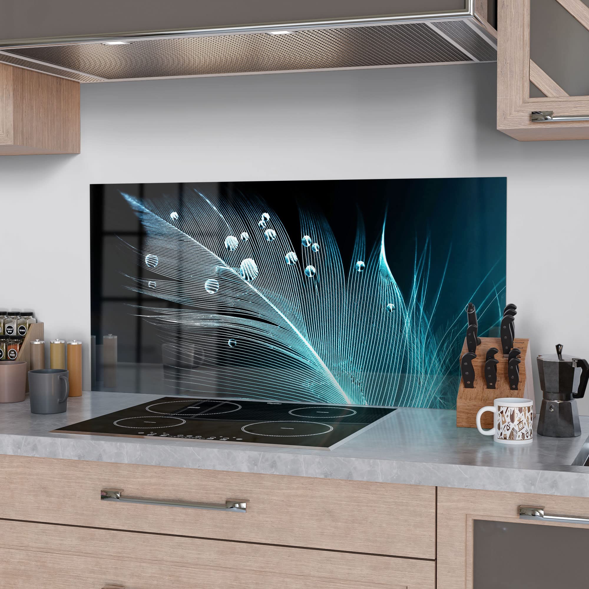 DEQORI Crédence de cuisine en verre | Motif plume avec perles d'eau | 100 x 50 cm | Panneau arrière de salle de bain ou de cuisinière | Protection anti-éclaboussures pour cuisine et salle de bain |