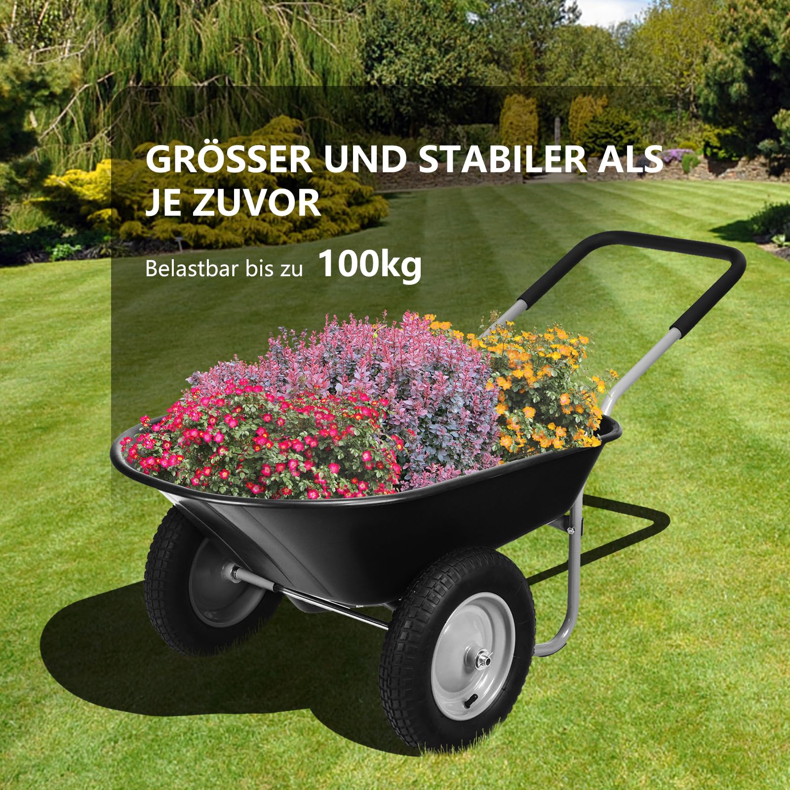 GYMAX Gartenschubkarre 100 Liter Volumen mit 2 Luftreifen, Schiebkarre Transportkarre mit Griff, Bauschubkarre bis 100 kg belastbar, 65 x 145 x 65 cm (Schwarz)