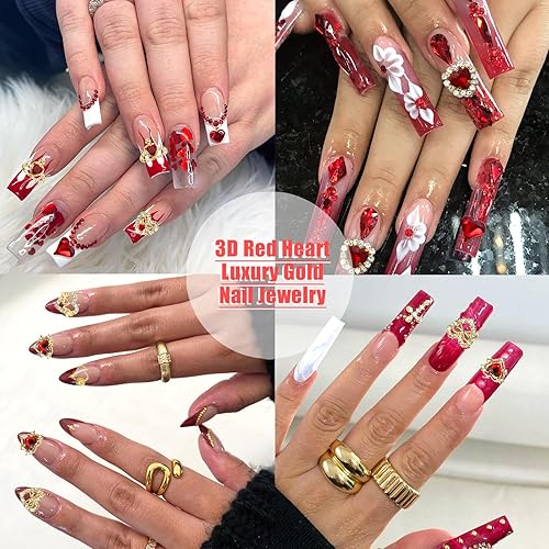 Miniatura 7 de RODAKY 40 dijes de uñas de corazón rojo para el día de San Valentín en forma de corazón 3D, suministros de arte de uñas con diamantes de imitación