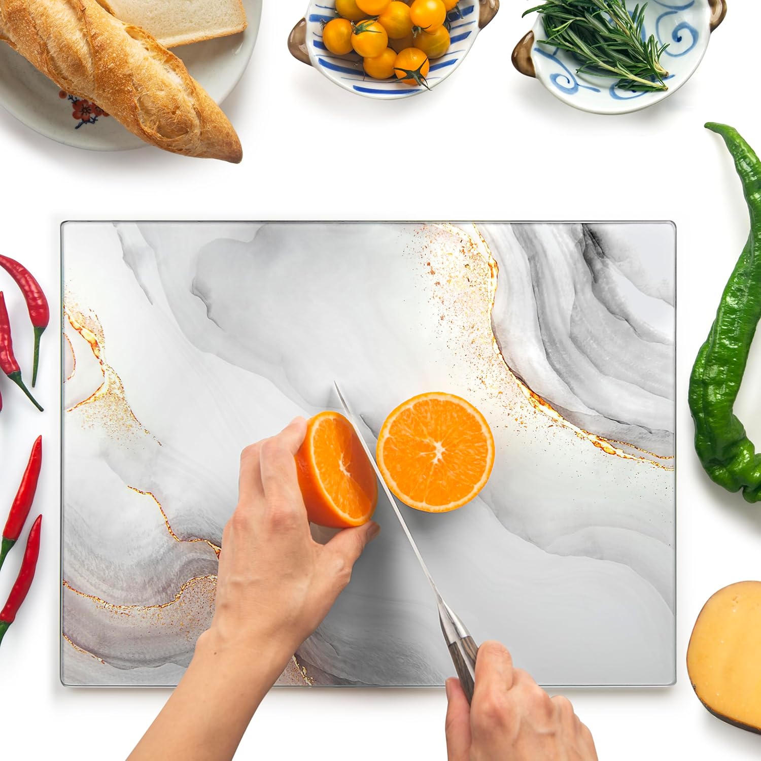 Glass Cutting Board 16"x12": Tempered Glass Kitchen Counter Protector - Durable- Scratch-Resistant, Heat-Proof - Design 7 - White & Gold Design 07 16"L x 12"W