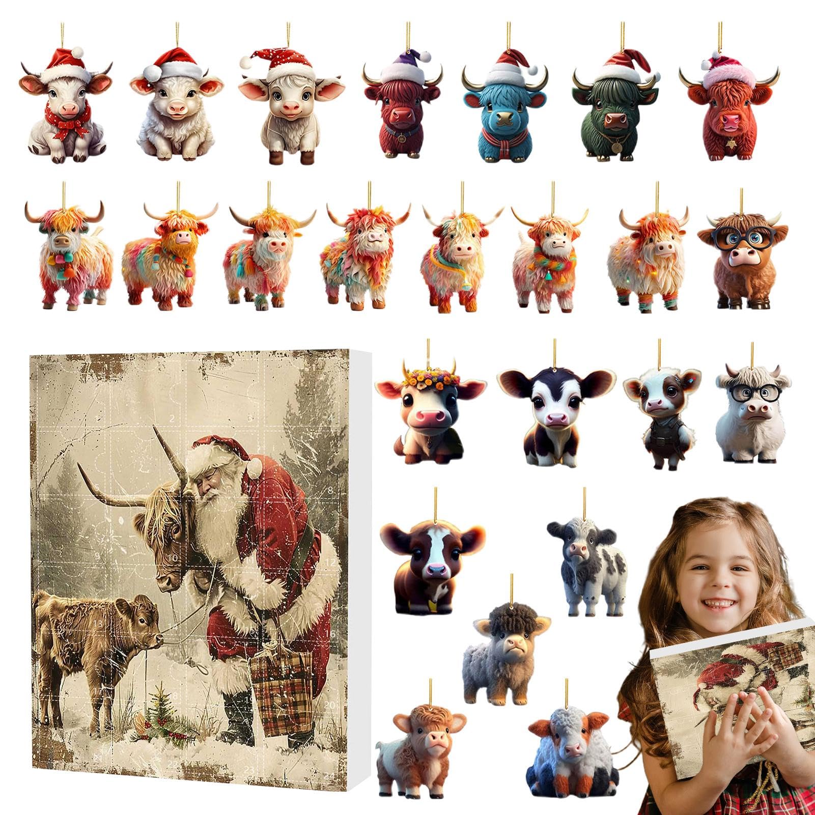 Calendrier De L'Avent Vache Des Highlands 2025 - 24 Pendentifs En Acrylique 2D, Compte à Rebours Noël, Cadeau Original