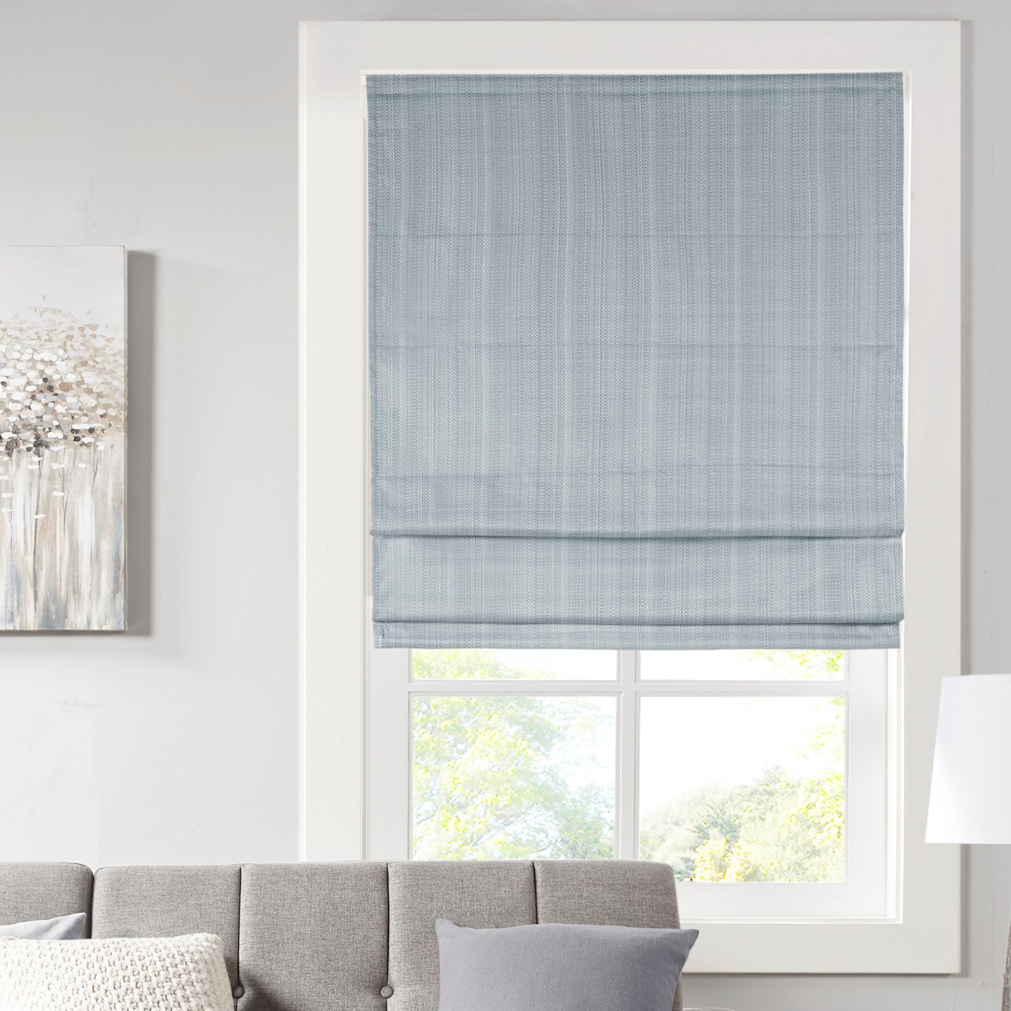 Madison Park Galen Cordless Roman Shades - Fabric Privacy Single Panel Darkening, Energy Efficient, Thermal Insulated Window Blind Treatment, for Bedroom, Living Room Decor, 31" x 64", Blue