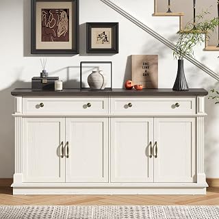 ONBRILL 63-Inch Large Buffet Sideboard Cabinet with Storage - Sideboard Buffet Cabinet with Drawers and Doors, Wood Kitchen Coffee Bar with Adjustable Shelf for Living Room, Kitchen (Off White)