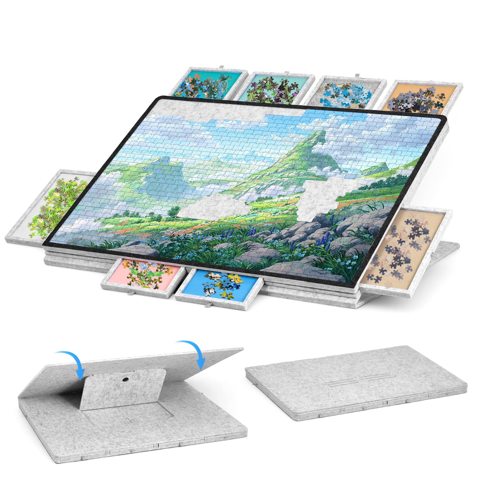 Tablero inclinable para Rompecabezas de 1000 Piezas con Soporte y Cubierta 2 en 1, Mesa de Fieltro Ultraligera y portátil con 8 cajones y 3 ángulos Ajustables