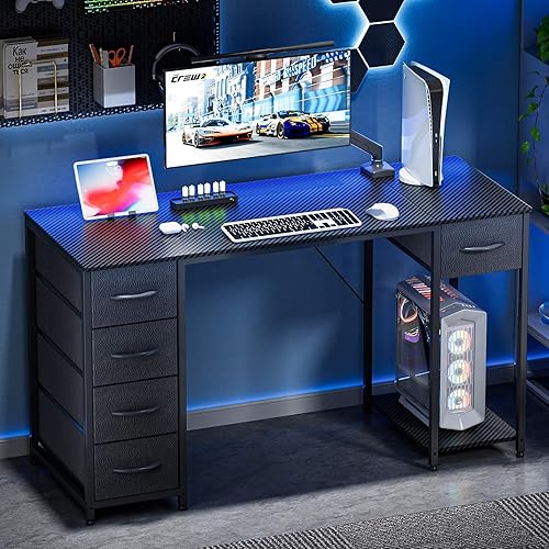 Miniatura 2 de LUCKRACER Escritorio para computadora con 5 cajones de tela, escritorio de oficina en casa de 47 pulgadas con estantes de almacenamiento, mesa de