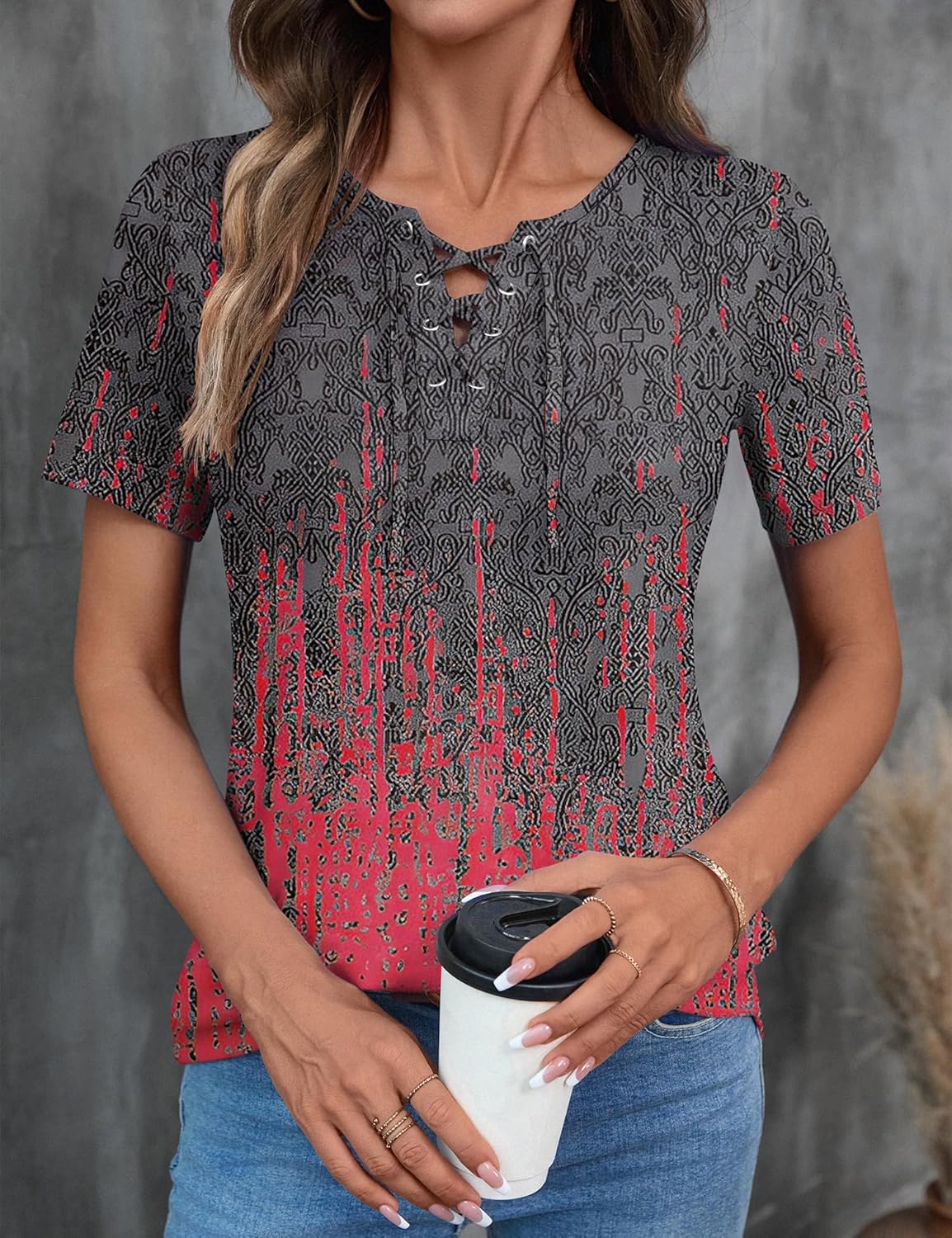 LOMON Womens Criss Cross Short Sleeve T-Shirts V-Neck Floral Summer Blouse Tops - Image 4