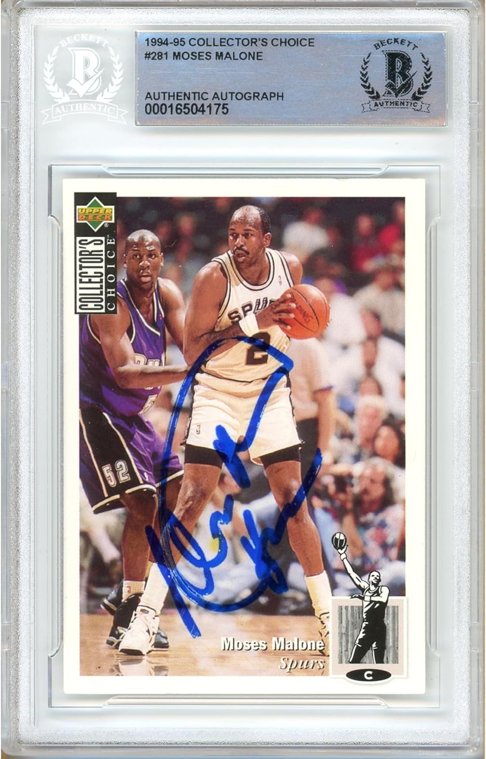 Moses Malone Autographed 1994 1995 Upper Deck Collectors Choice #281 Basketball Trading Card Beckett BAS Authentic Slabbed COA Played For San Antonio Spurs NBA