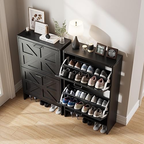 Miniatura 4 de Armario de almacenamiento de zapatos para entrada, armario delgado de casa de campo con 2 cajones abatibles, organizador estrecho e independiente
