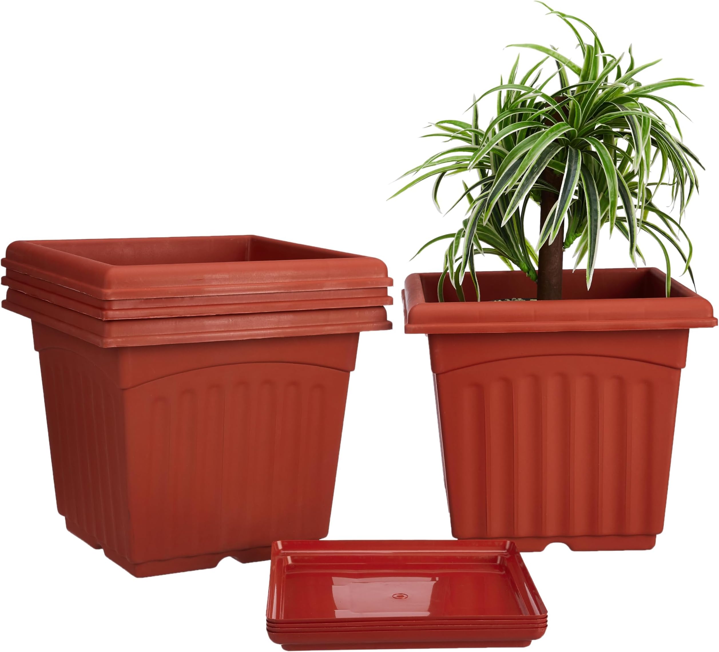 Amazon Brand - Solimo Square Pots for Plants with Bottom Tray|Unique Design|UV Treated Plastic|Indoor and Outdoor Flower Pot for Home/Office/Table/Garden/Balcony|14 inch (Set of 4, Brown)