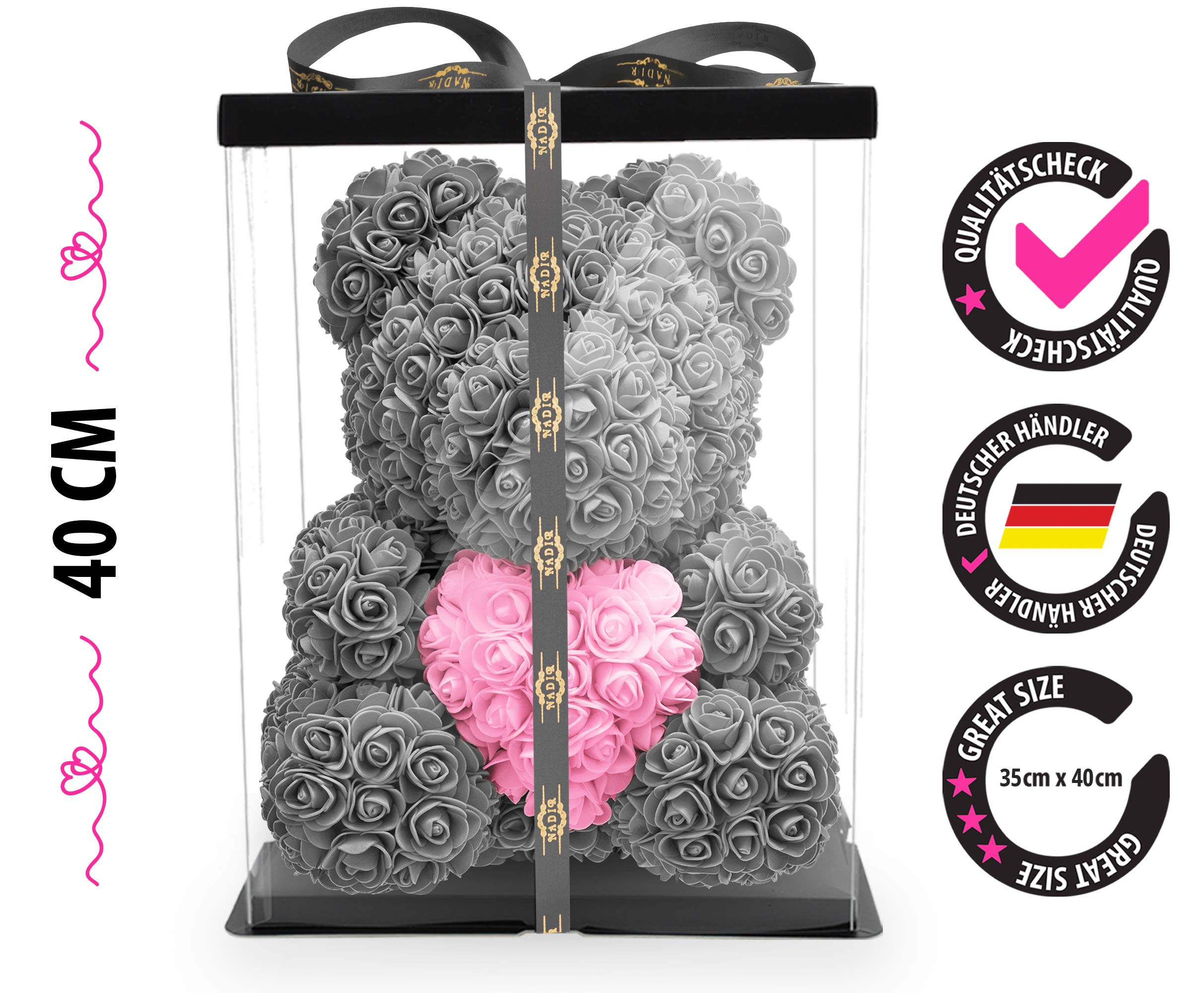 NADIR Rosen Bär Blumenbär mit Geschenkbox, Geburtstagsgeschenk für Frauen, Geschenk für Freundin zum Geburtstag Jahrestag, Rose Bear Teddybär, Geschenk Hochzeitstag