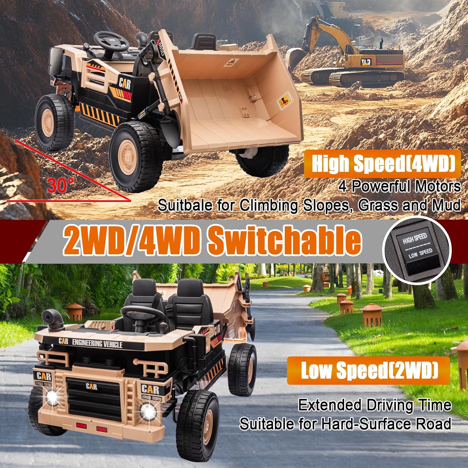 POSTACK 24 Volt Ride on Car with Remote Control, Ride on Construction Vehicle 4 Powerful Motors,20" Spacious 2 Seater Ride On Toddler Car Side by Side with Electric Dump Bed, Khaki