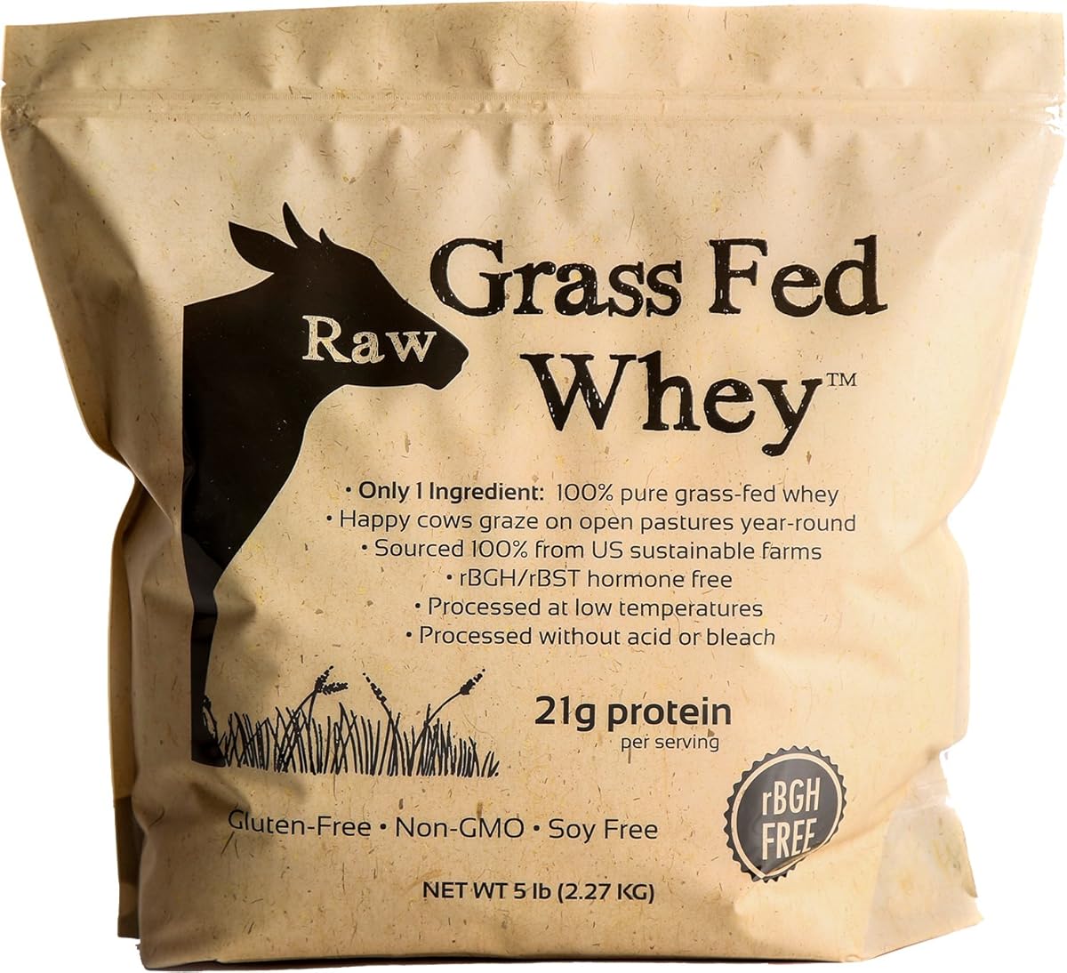 Raw Grass Fed Whey Protein Powder – Unflavored, Only 1 Ingredient: 100% Pure Grass-Fed Whey from Happy, Healthy Cows – Undenatured, Non-GMO, Hormone-Free, Gluten-Free, Made in USA, 5LB