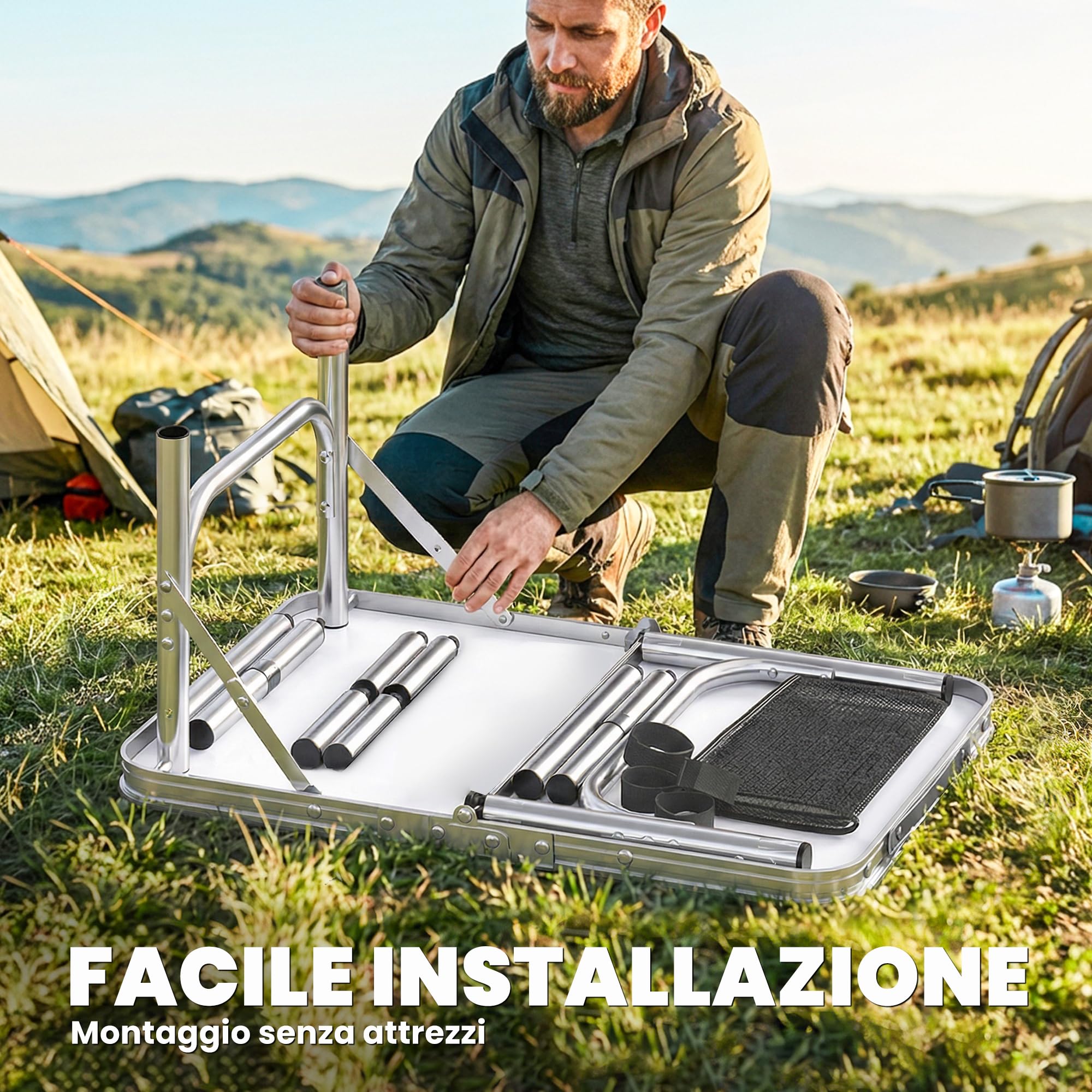 Outsunny Tavolo da Campeggio Pieghevole 60 cm, Tavolo da Picnic con Strato di Rete, 4 Livelli di Altezze Regolabili e Maniglia per il Trasporto, Nero
