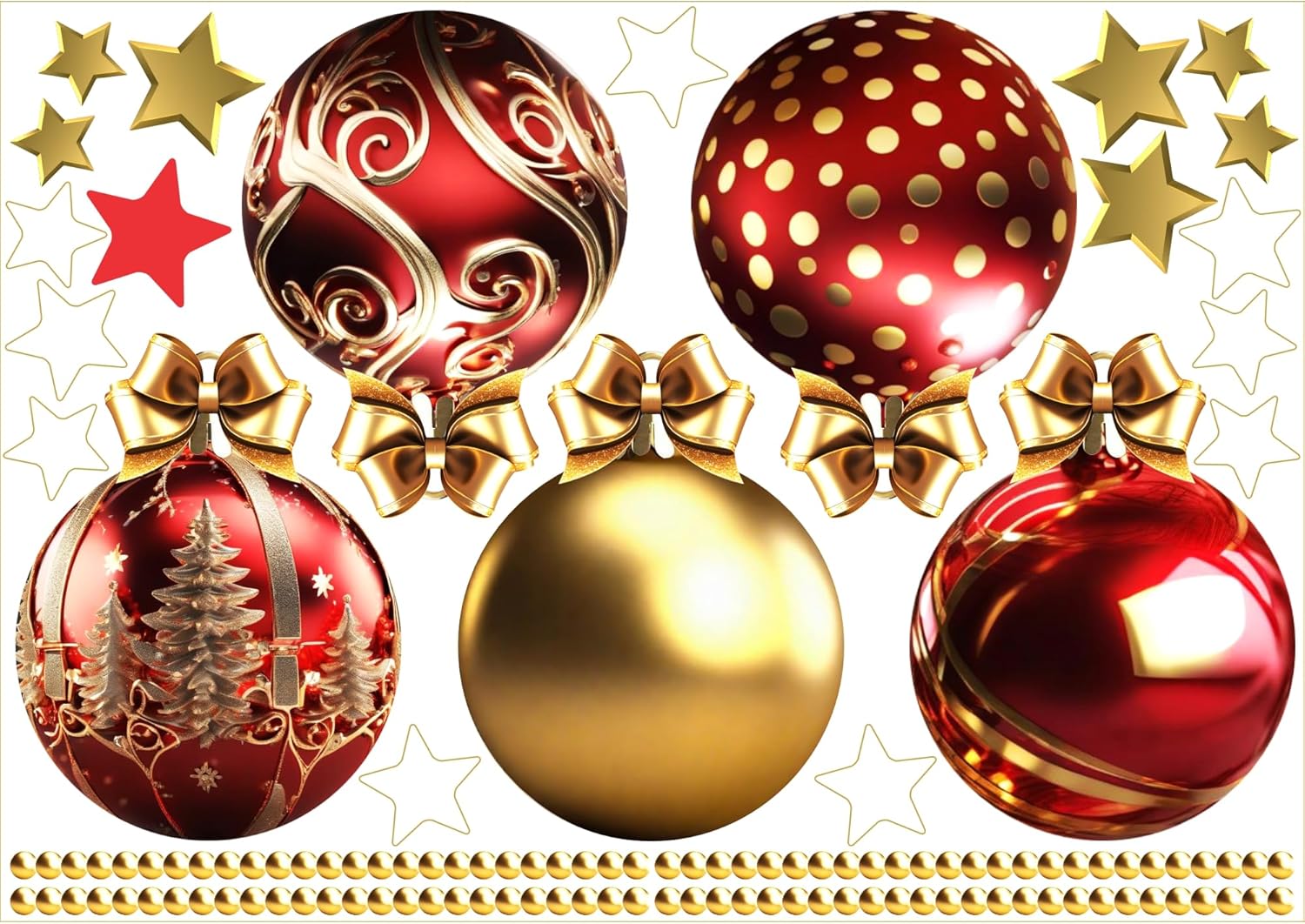 Christmas Bauble Stars Vinyl Decals Stickers for Glass, Large Xmas Designs Home Decorations Holiday Bling, DIY Kits, Mural Showcase for Office Business, Red Gold Window Decorations Red and Gold