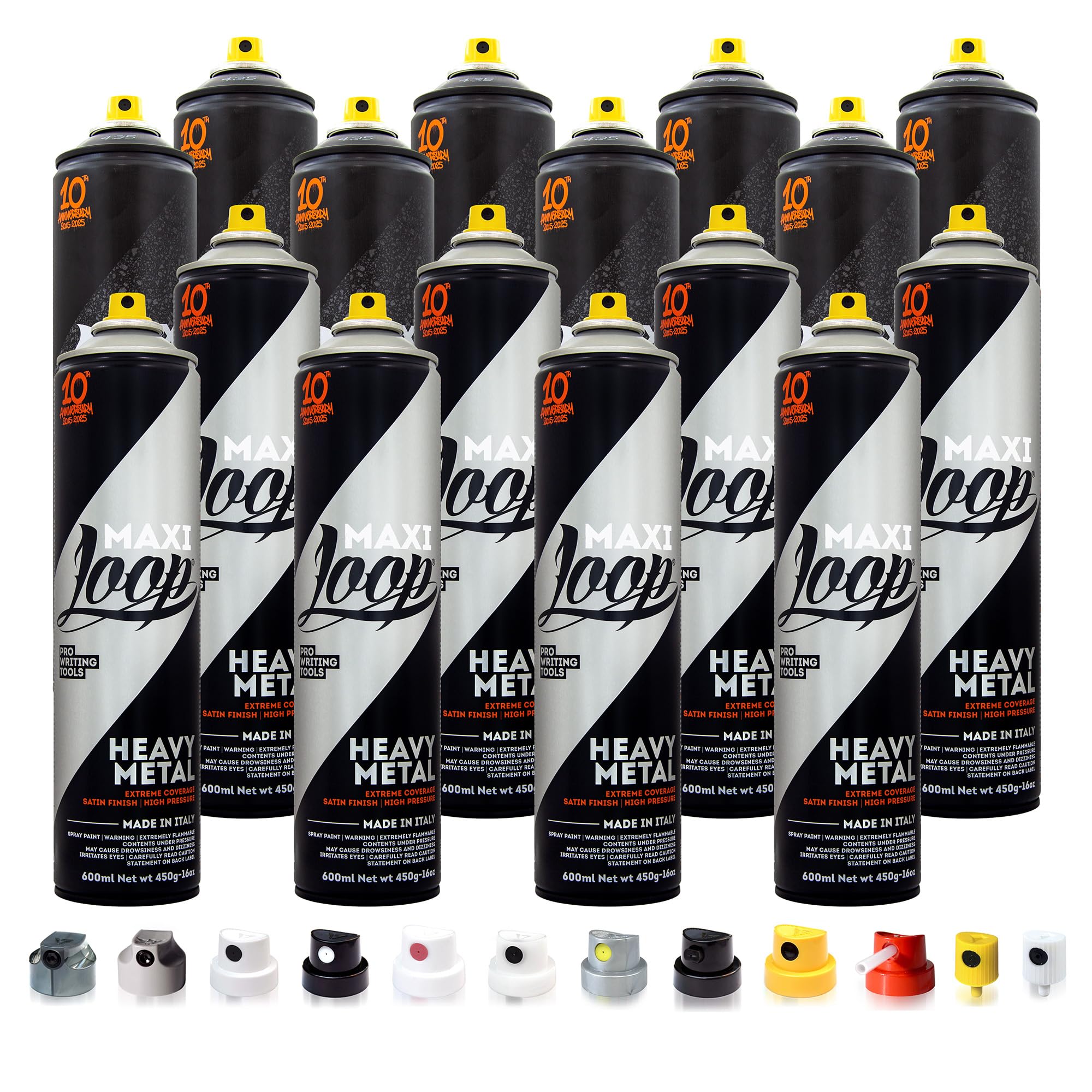 Betterrun LOOP Sprühdosen Set Silber Schwarz - 16 x 600ml Acryllack + 10x Sprühaufsätze - Graffiti Spray Cans