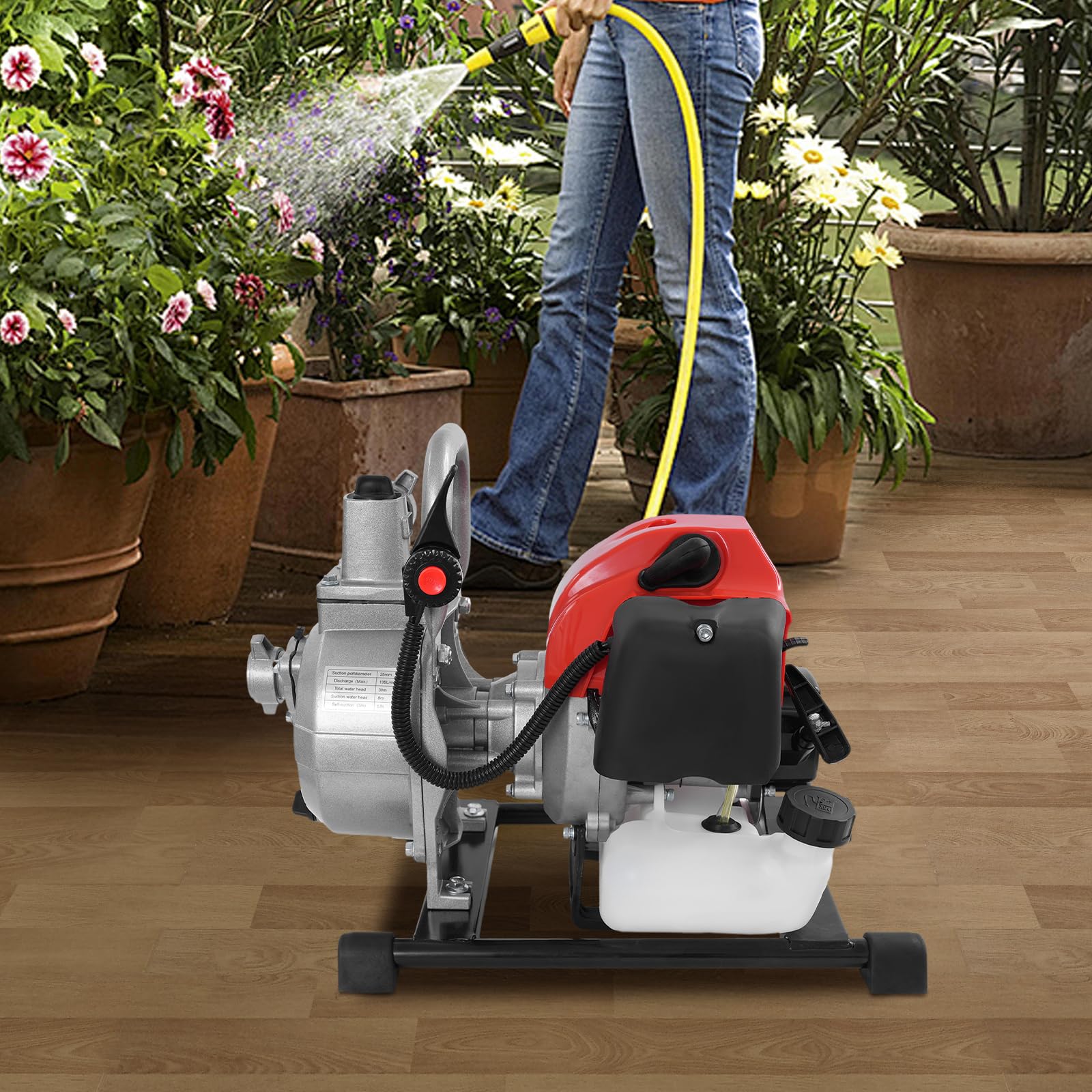 pompe à eau 1,25 kW, 10 000 l/h, hauteur de refoulement de 98 m, raccord de 2,5 cm, pompe de jardin, pompe à eaux usées avec moteur 4 temps, zone d'aspiration de 8 m, pompe à essence, démarrage à