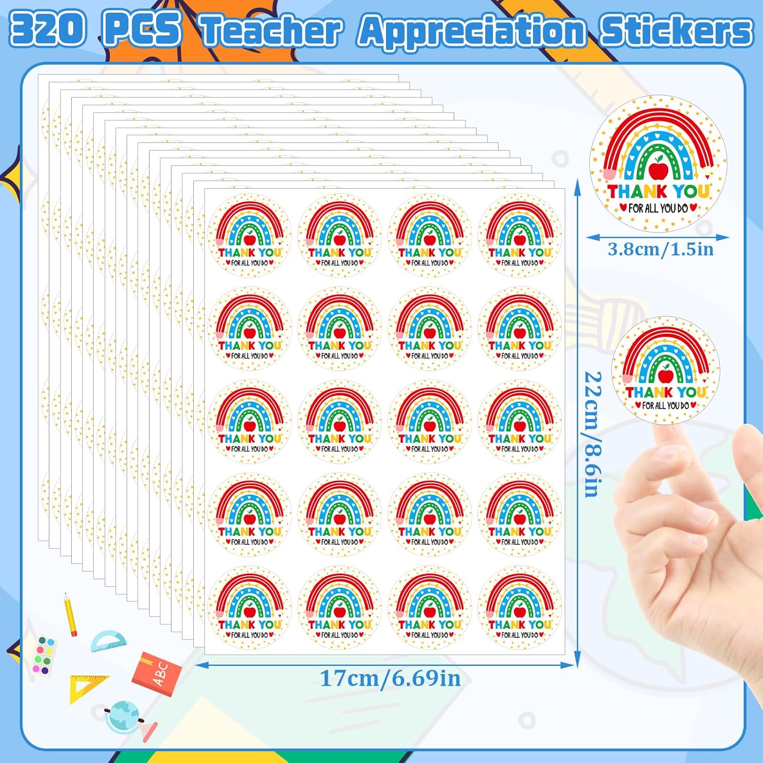 JULMELON 320 Pcs Thank You Teacher Stickers, Rainbow Round Teacher Appreciation Stickers Envelope Labels Gifts Tags for Gift Wrap Boxes Cards Party Favors Decorations - Image 2