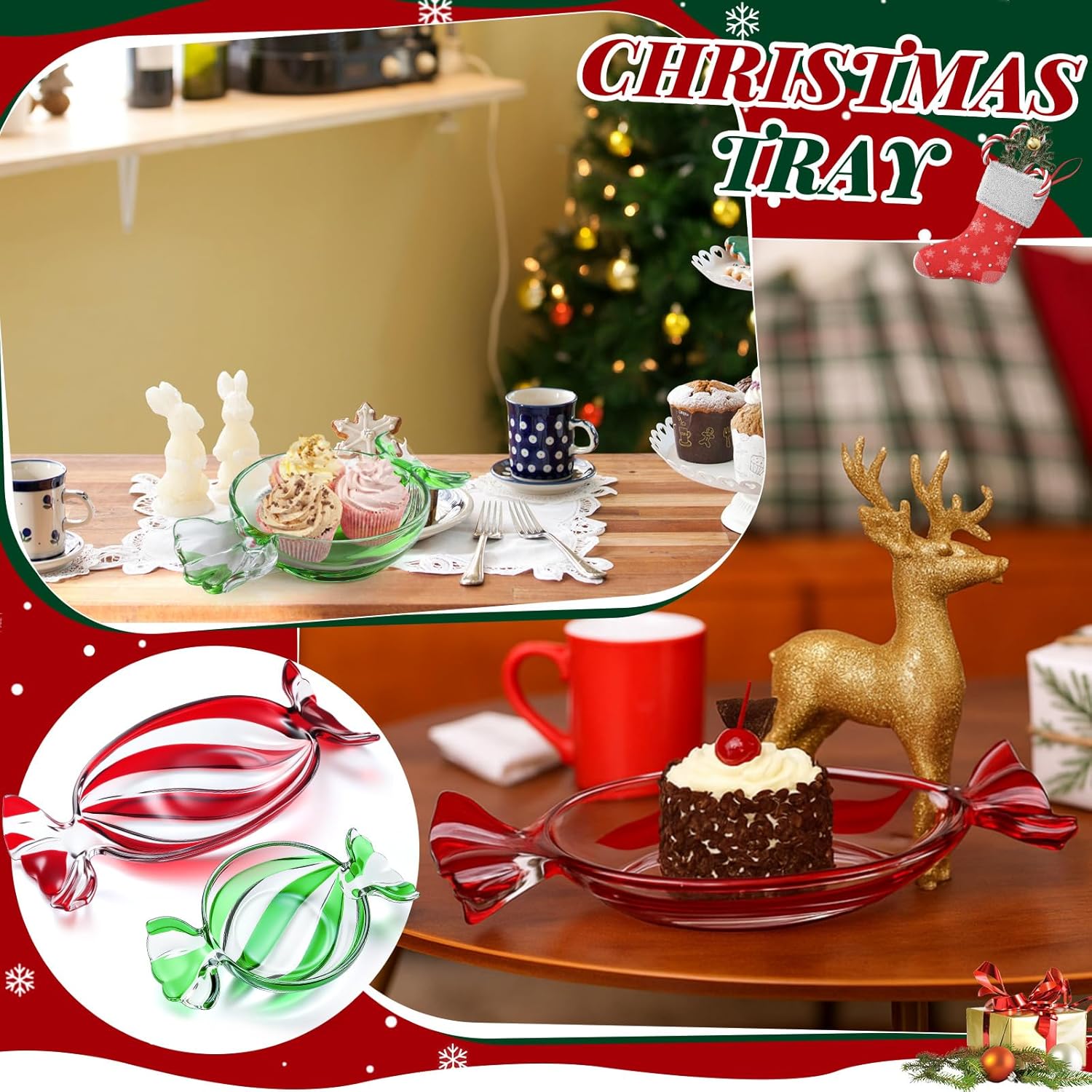 Maxcheck 2 Pcs Christmas Candy Platter Glass Candy Dish Tray Decorative Dessert Plate for Xmas Parties Holiday Treats Bowls Crystal Fruit Plates for Party Snack Storage (Small and Large,Green)