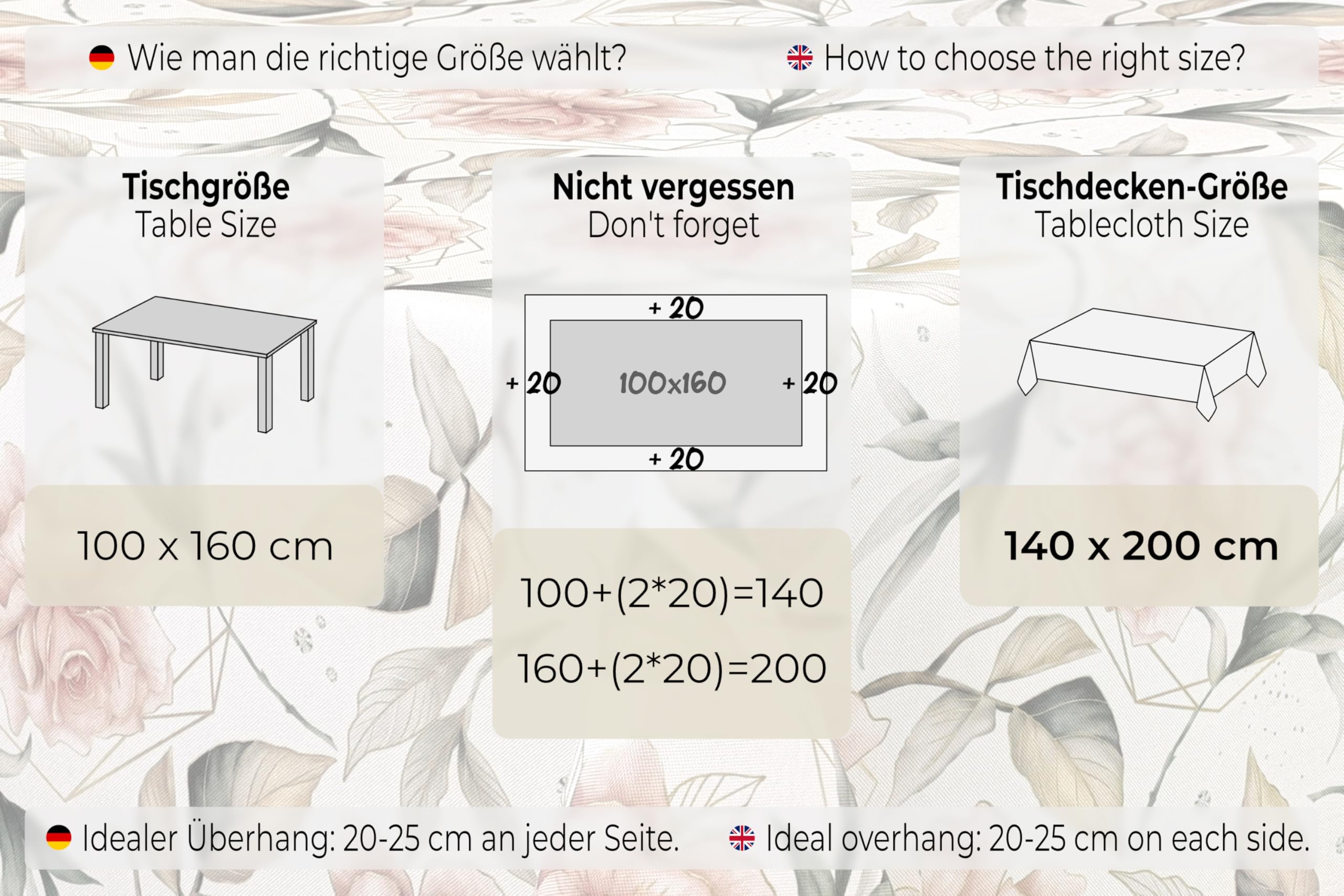 Tischdecke abwaschbar Blumen Rosen 140x220 cm Polyester 230g/m² eckig hell modern mit Fleckschutz Lotus-Effekt eleganter 3cm Briefeckensaum Saum viele Größen