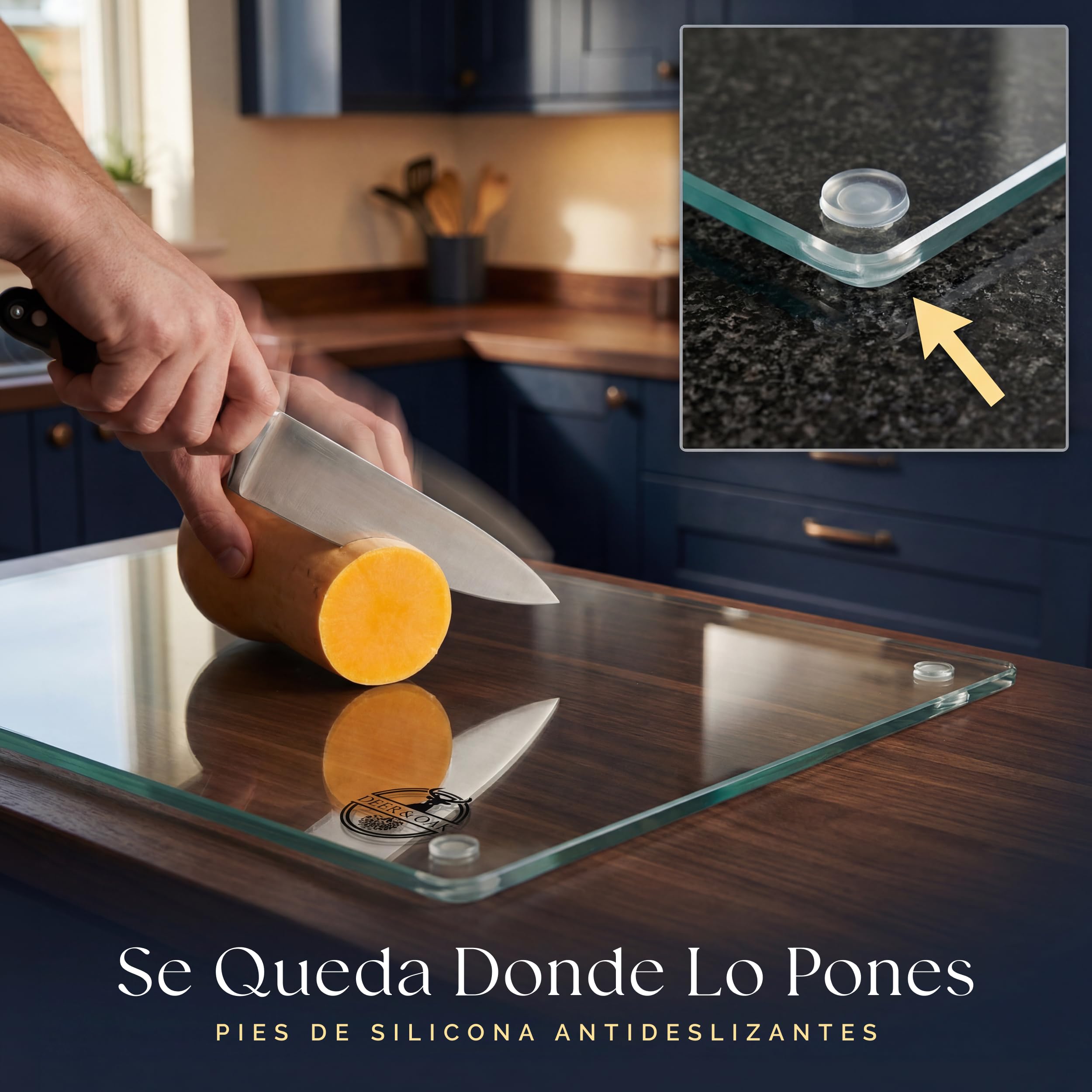 Deer & Oak Tabla de cortar de vidrio – XL – 40 x 30 cm, 6 mm de grosor, tabla de cortar de vidrio templado transparente, resistente al calor, protección de placa con patas antideslizantes