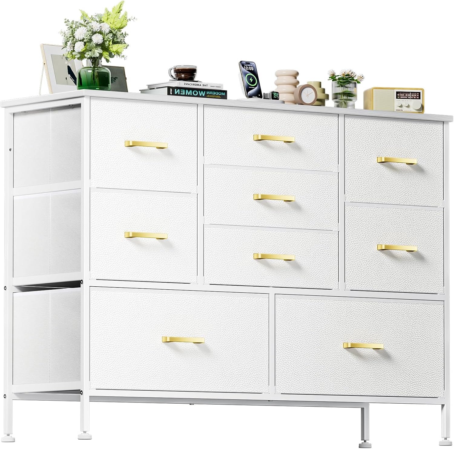 9 White Drawer Dressers, Modern Large Dresser for Bedroom Organize, Long Dresser with 9 Fabric Drawers, Storage Chest of Drawers for Living Room Home Office 43.31" W
