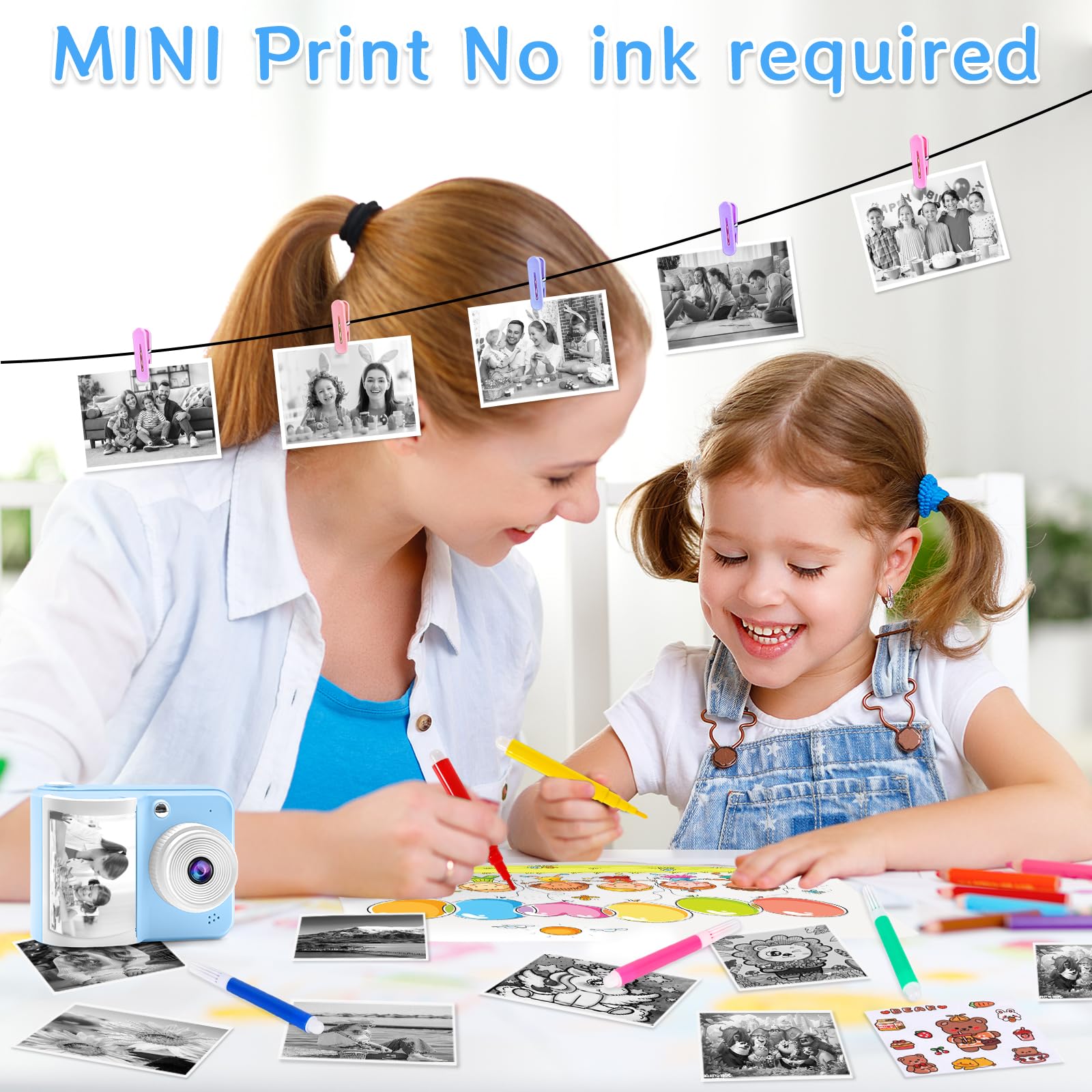 Appareil Photo Numérique Instantané, avec Papier d'impression & Carte TF 32G, Caméra Vidéo avec Stylos Colorés pour Le Bricolage, Chapeaux Costume Accessoire Déguisement