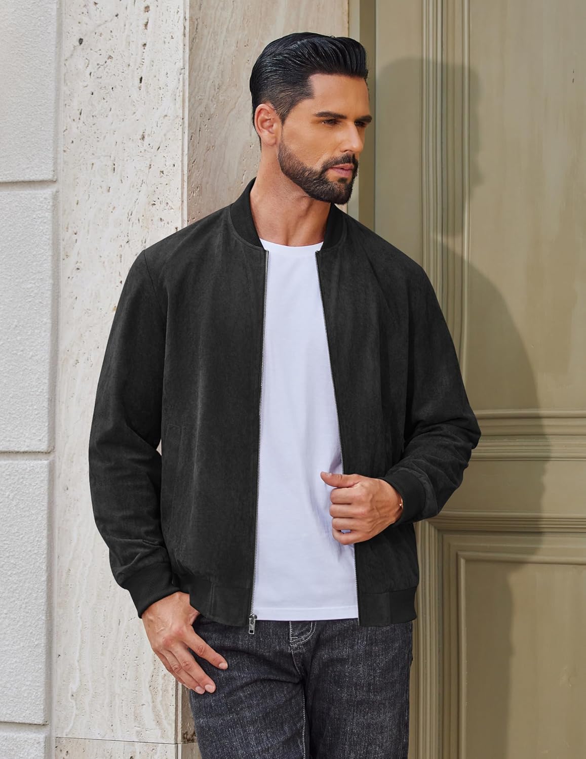 COOFANDY Men's Lightweight Suede Bomber Jackets Casual Varsity Jacket Vintage Faux Leather Jackets - Image 3