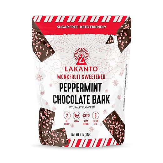 Lakanto Sugar Free Dark Chocolate Bark Peppermint- Sweetened with Monk Fruit Sweetener and Sea Salt, Low Carb, Keto, Gluten Free, Vegan Snack, Christmas Candy Gift (5 oz - Pack of 1)