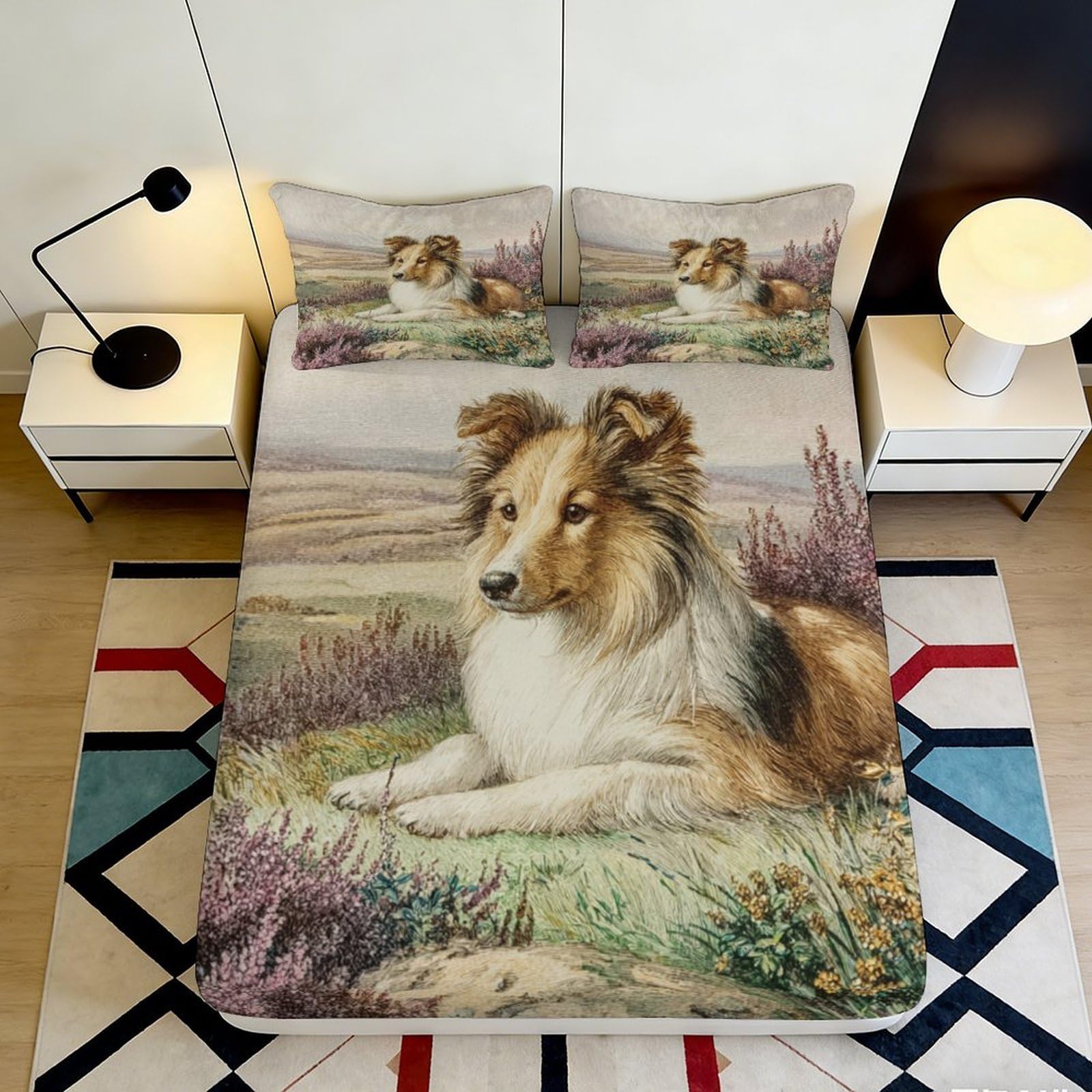 Uynsixtme Style-1 3D Printed Sheepdog Art Fitted Sheet Microfiber Non-Slip Deep Pocket Bedroom Bedding Sheepdog Mattress Fitted Cover Full Wrap Washable 200X200x25cm