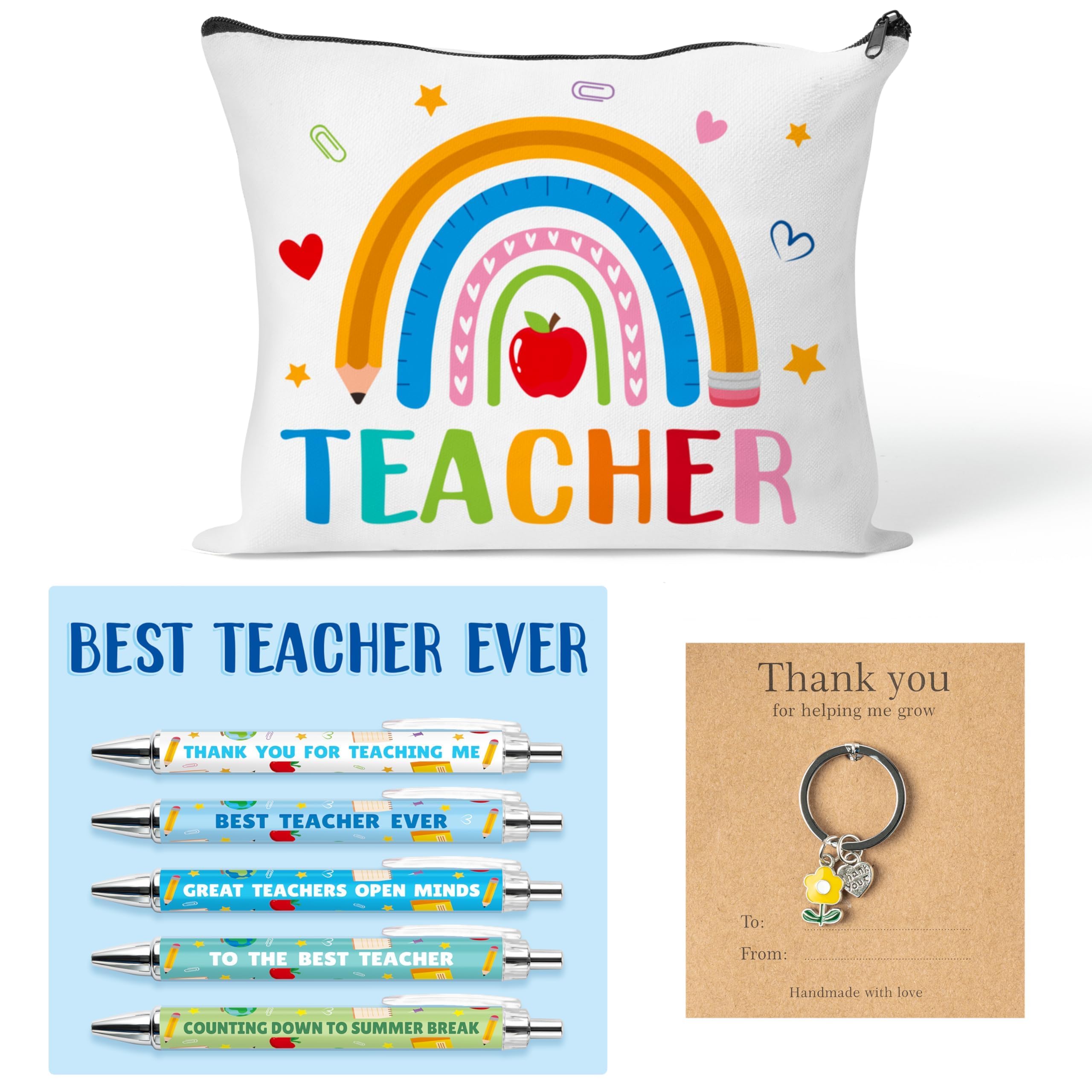 CY2SIDE Teacher Appreciation Week Gifts Set - Boho Rainbow Canvas Pouch with Zipper and Pens & Bracelet Gift for Best Teacher, Back to School Black Ink Ballpoint Pen with Praise Sayings Thank You Gift