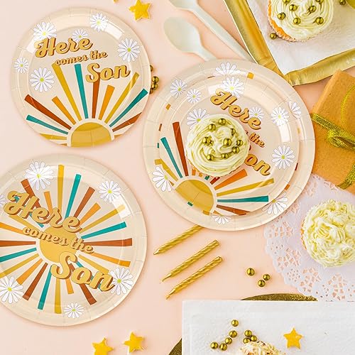 Miniatura 6 de Whaline 40 platos de papel Here Comes The Son de estilo bohemio retro Sunshine desechables de 7 pulgadas y 9 pulgadas, vajilla decorativa para baby