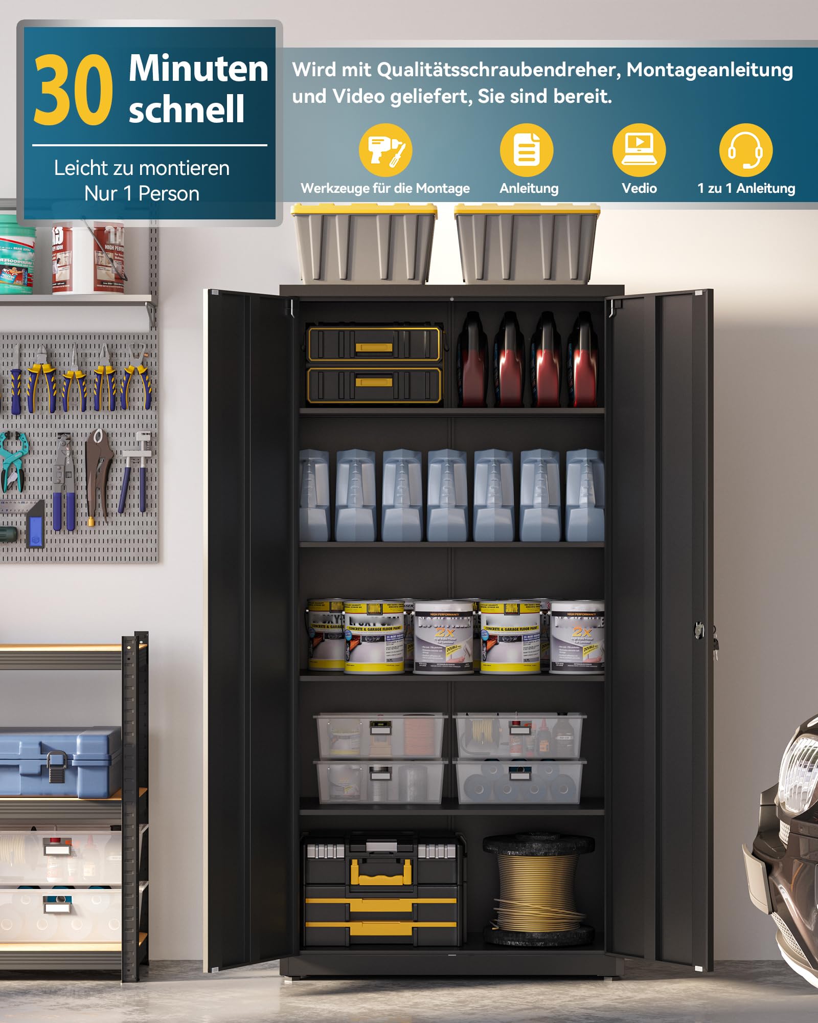 Aktenschrank, Mehrzweckschrank, Stahl-Aufbewahrungsschrank, 5 Ebenen Büroschrank, Werkstattschrank, 180 x 80 x 40 cm, Schwarz