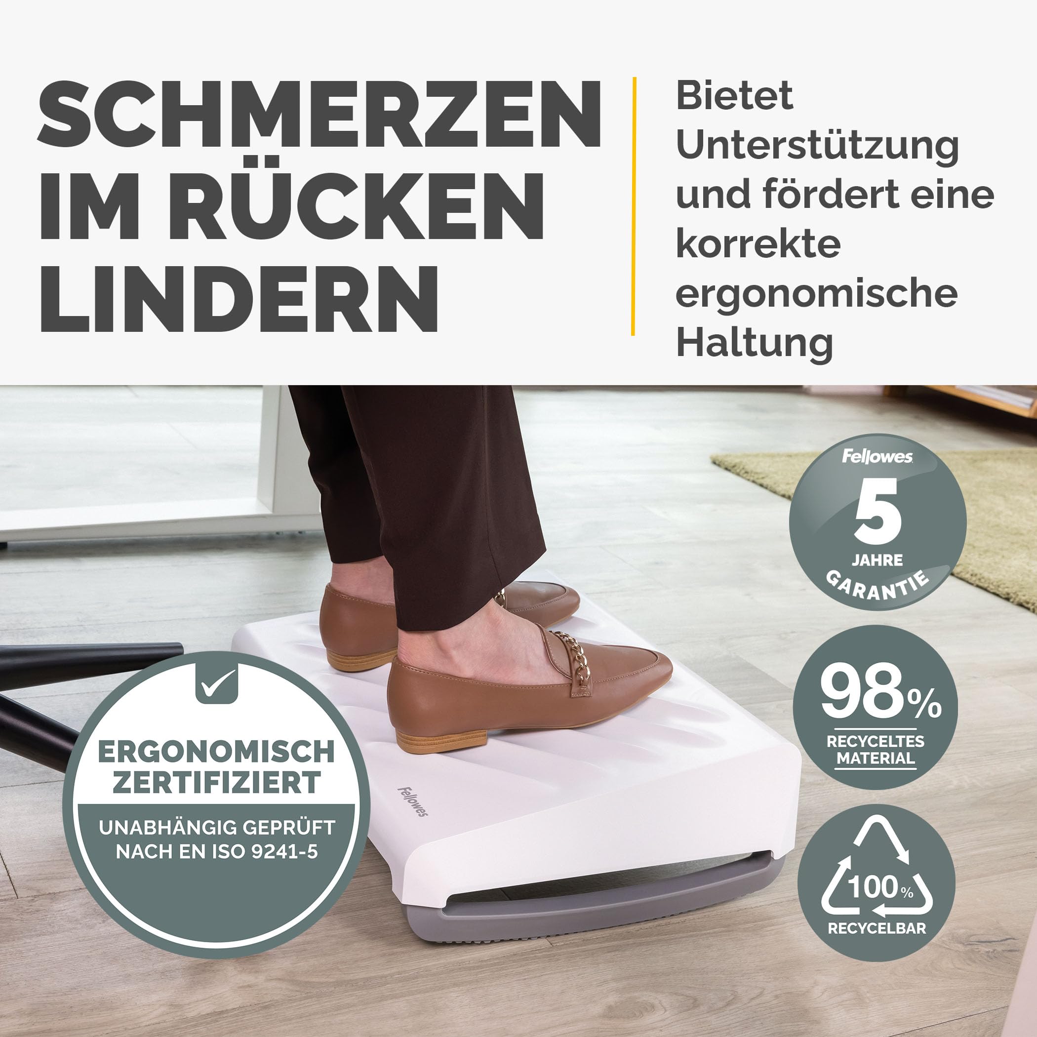Fellowes Breyta™ – Ergonomische Fußstütze – Verstellbarer Fußhocker für unter den Schreibtisch, für Büro und Zuhause – 98% recycelte Materialien – 100% recycelbar – 5 Jahre Garantie – Weiß