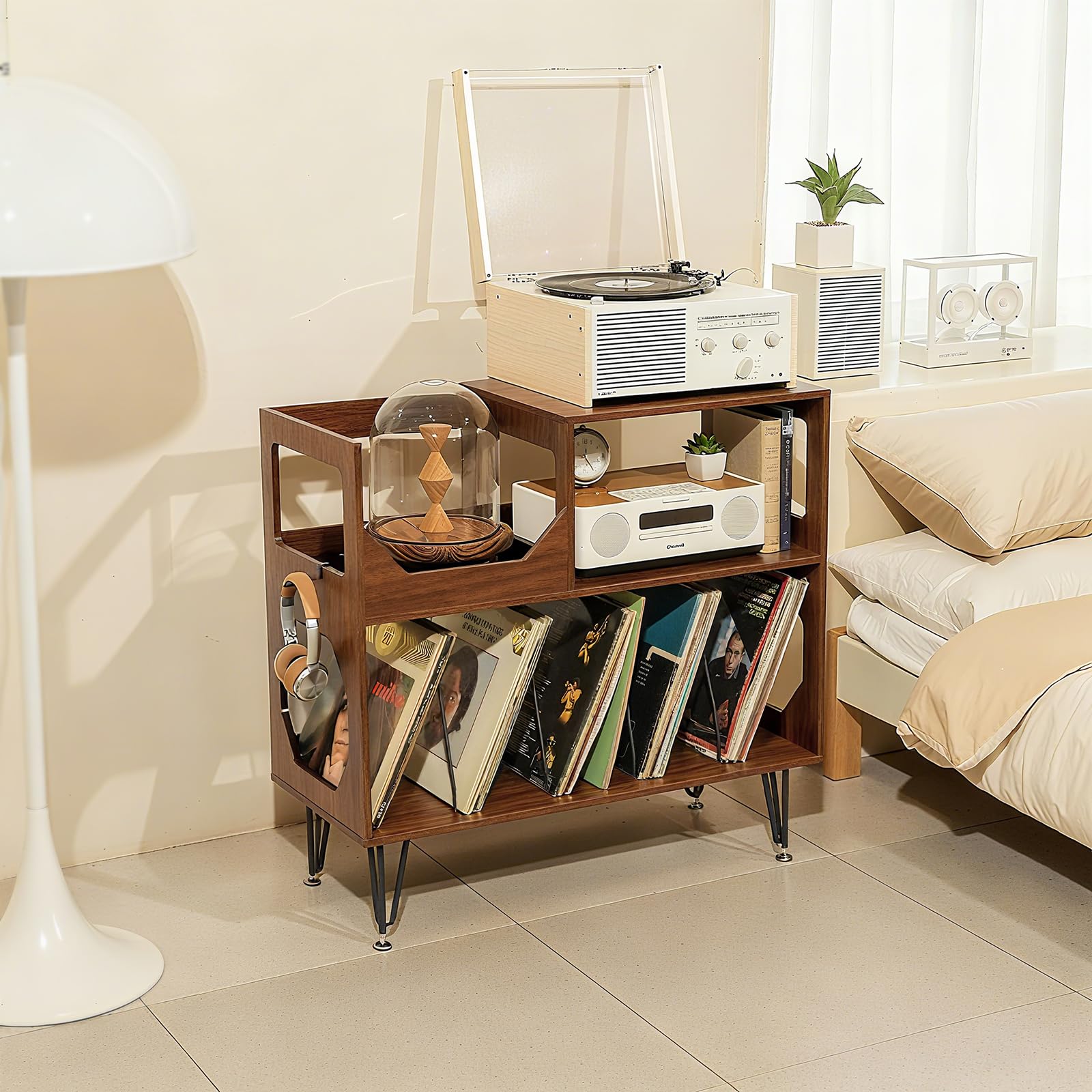 Großer Plattenständer mit Aufbewahrung,Plattenspieler-Ständer mit Ablage,Vinylplatten-Halterung mit Präsentationsfläche,Plattenständer für bis zu 370 Alben, Plattenregal für Musikzimmer und Wohnzimmer