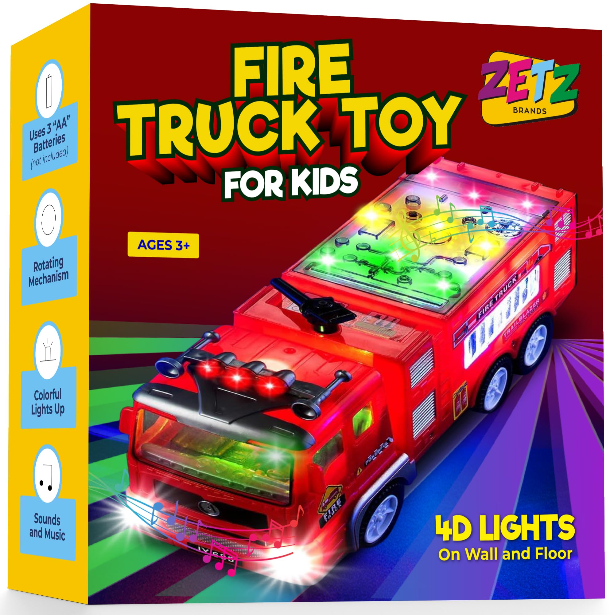 Zetz Brands 2025 Fire Truck Toy for Boys, Girls, Kids, w/ 4D LED Lights, Toddlers - Age 3+ Fire Engine Push Toy Car Volume Control Real Firetruck Siren Sound, Bump & Go – Ideal Birthday